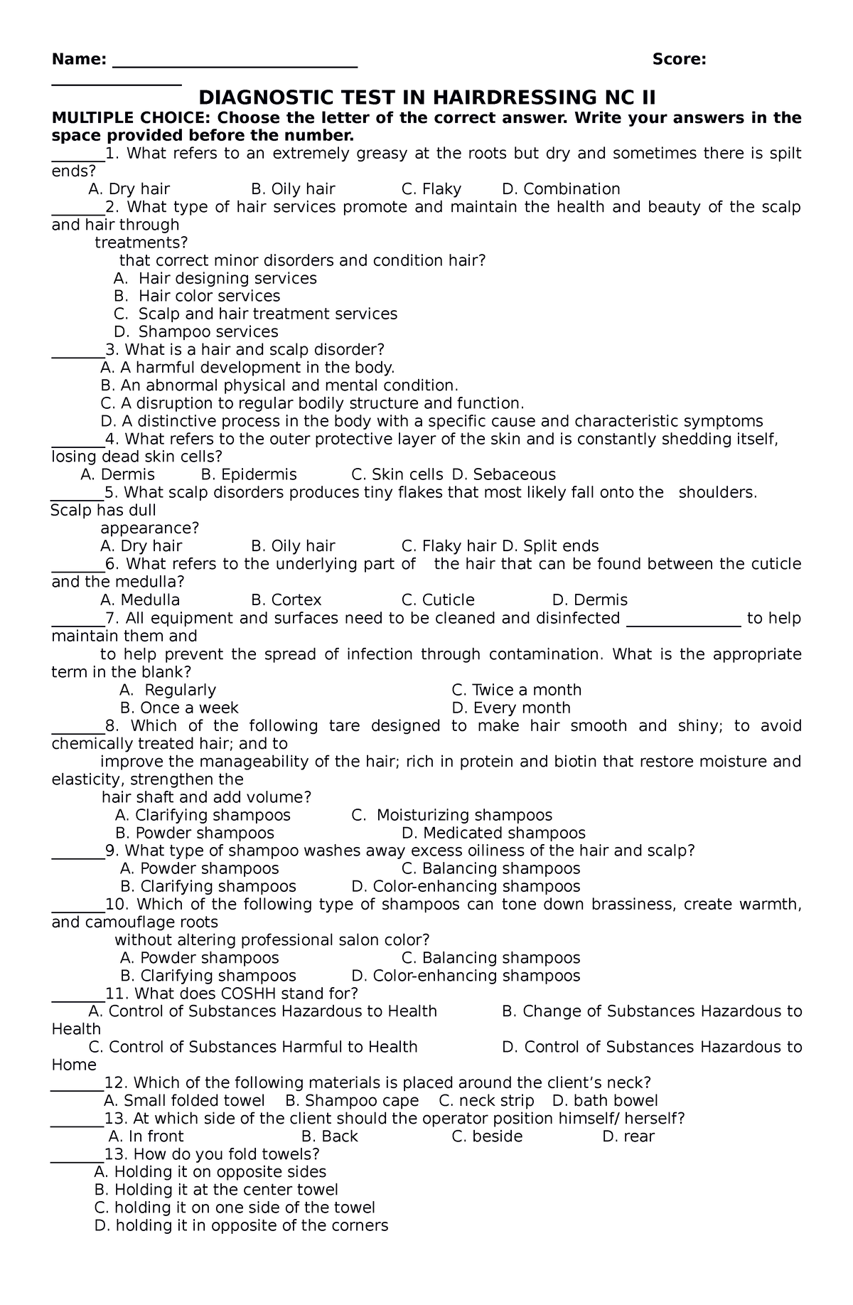 Diagnostic TEST Hairdressing - Name ...