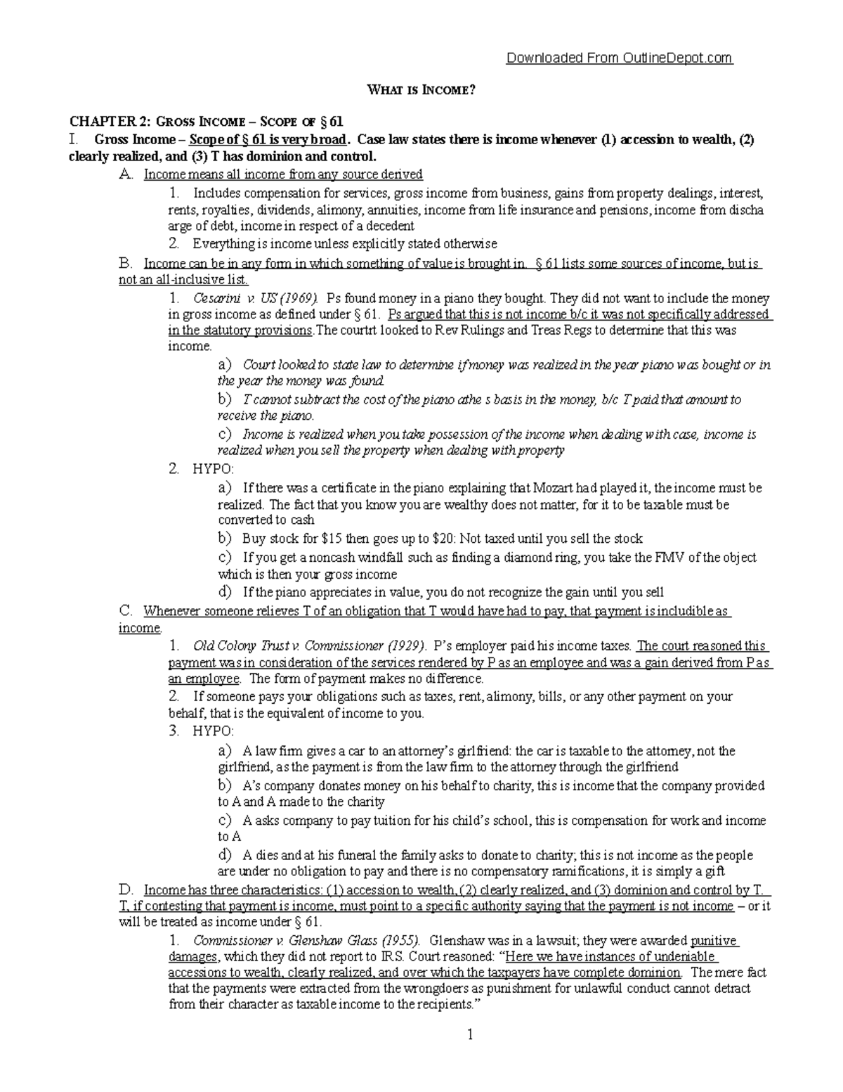 359 Federal TAX Outline - WHAT IS INCOME? CHAPTER 2: GROSS INCOME ...