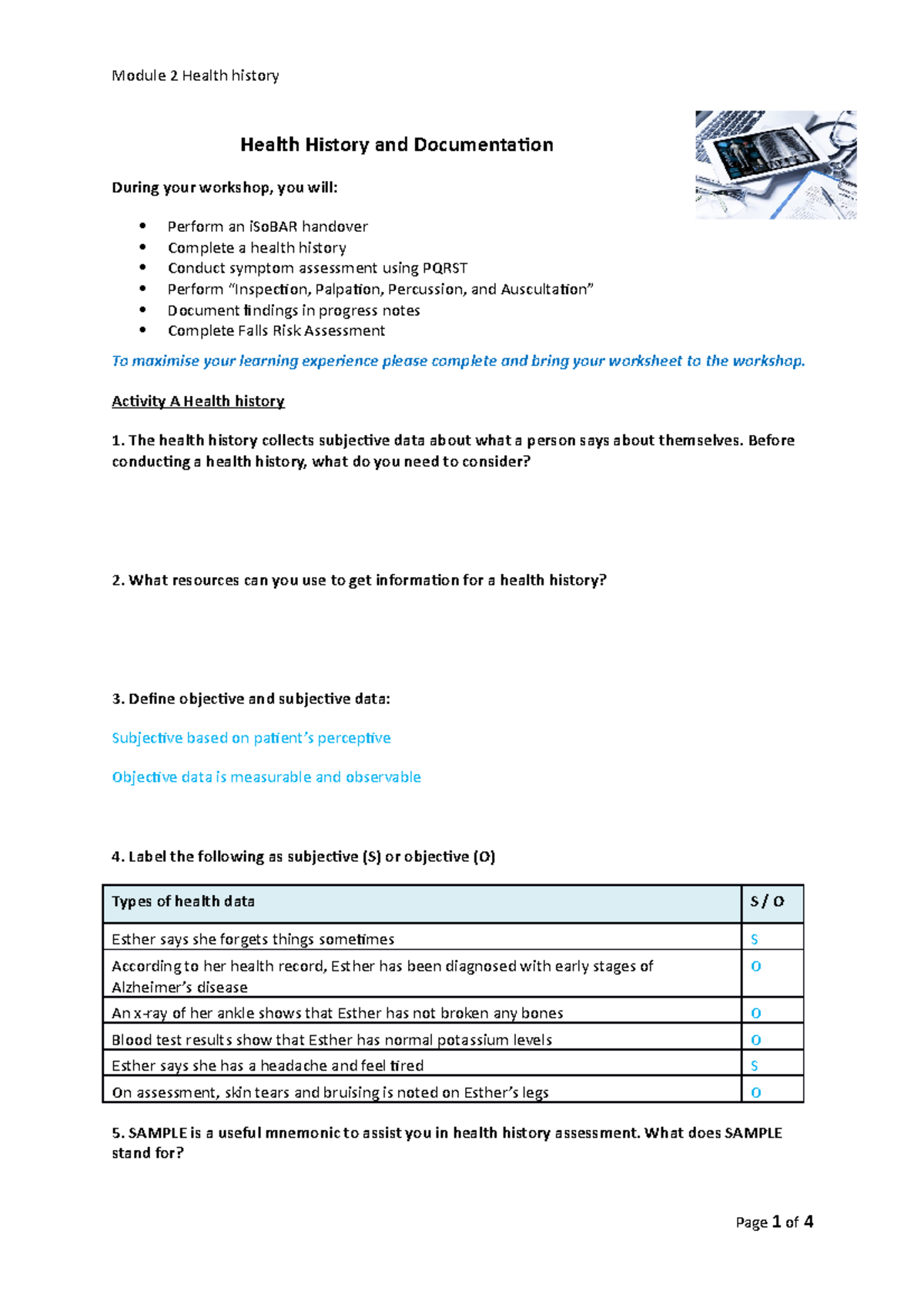 M2 Health history worksheet 2022 - Health History and Documentation ...
