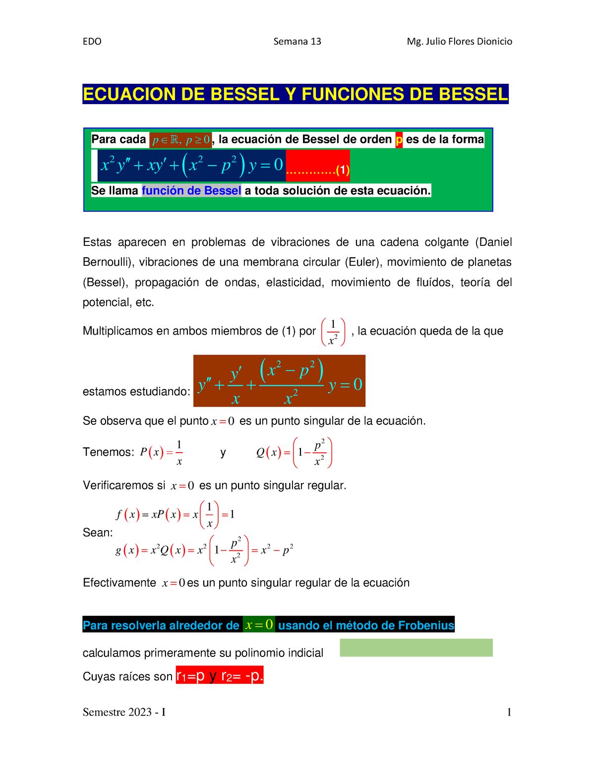 Semana 13 Ecuación De Bessel Función De Bessel Propiedades Ecuacion De Bessel Y Funciones De 