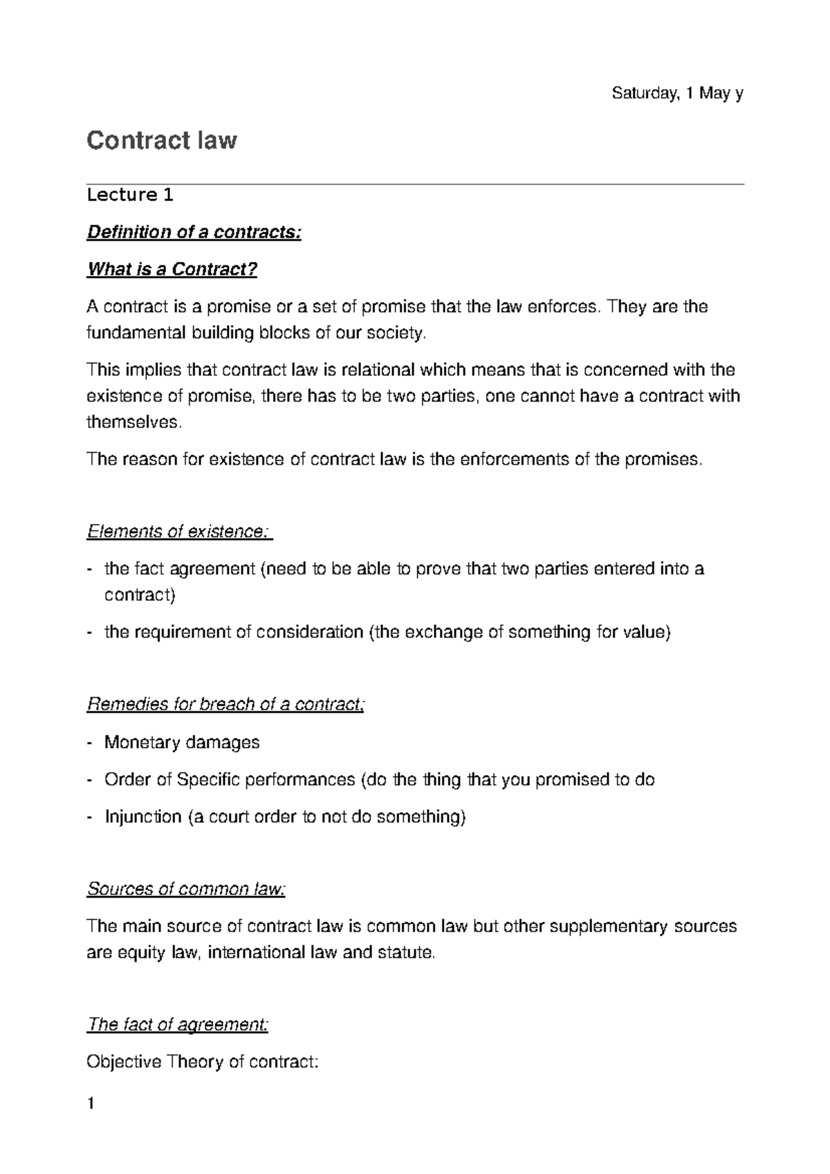 Contract A Lecture Notes Tuesday, 30 April y Contract law Lecture 1
