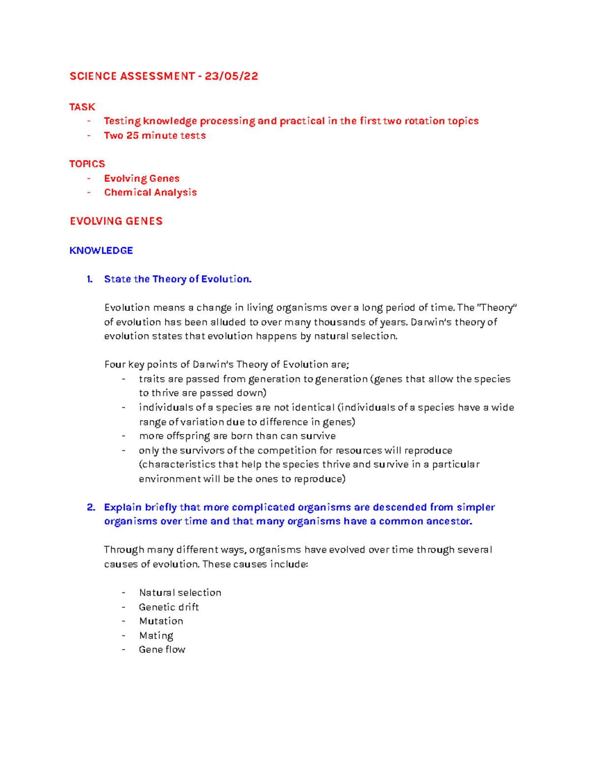 Science Assessment - SCIENCE ASSESSMENT - 23/05/ TASK Testing knowledge ...