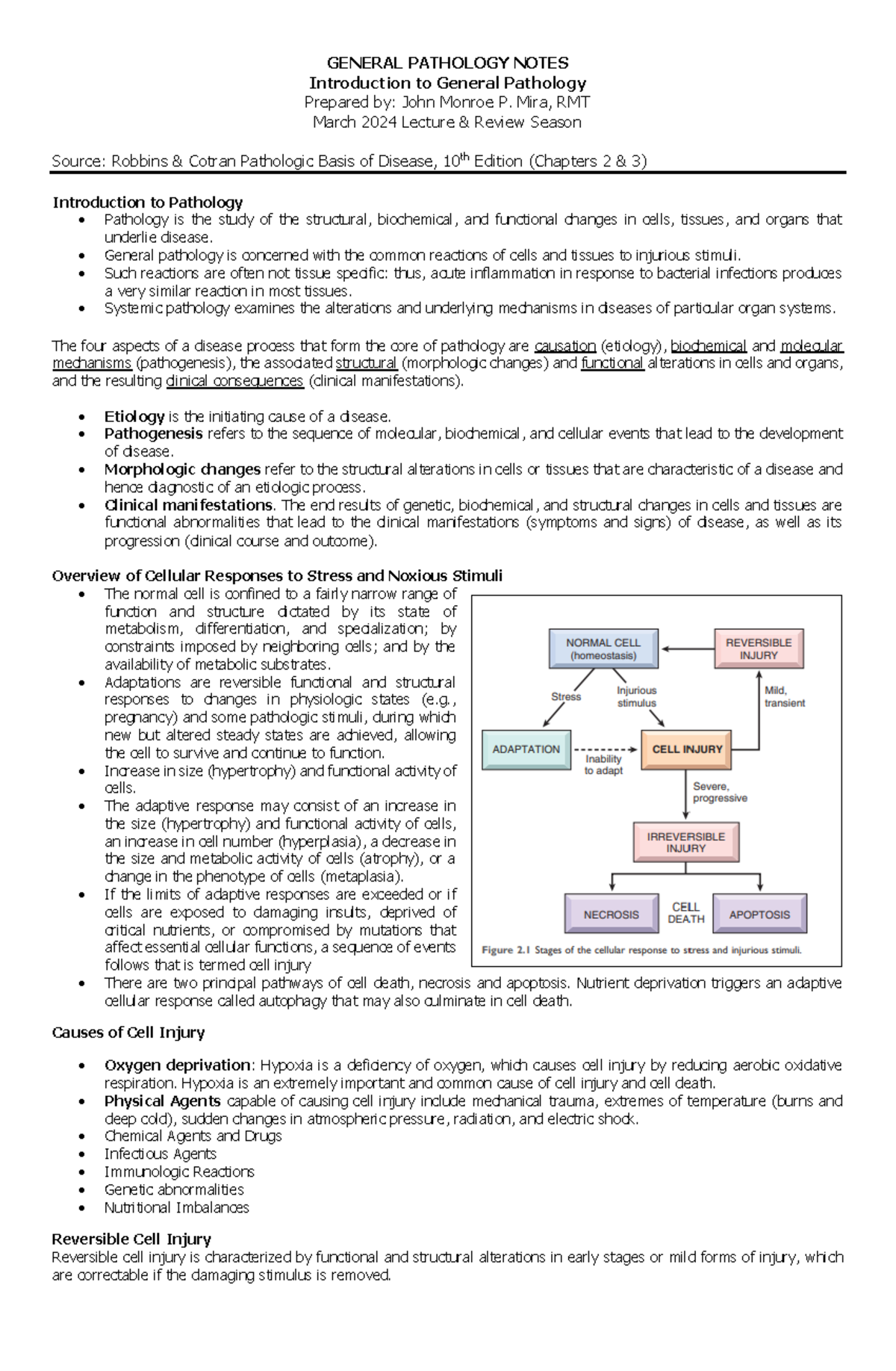 2023 General Patho Notes - GENERAL PATHOLOGY NOTES Introduction to ...