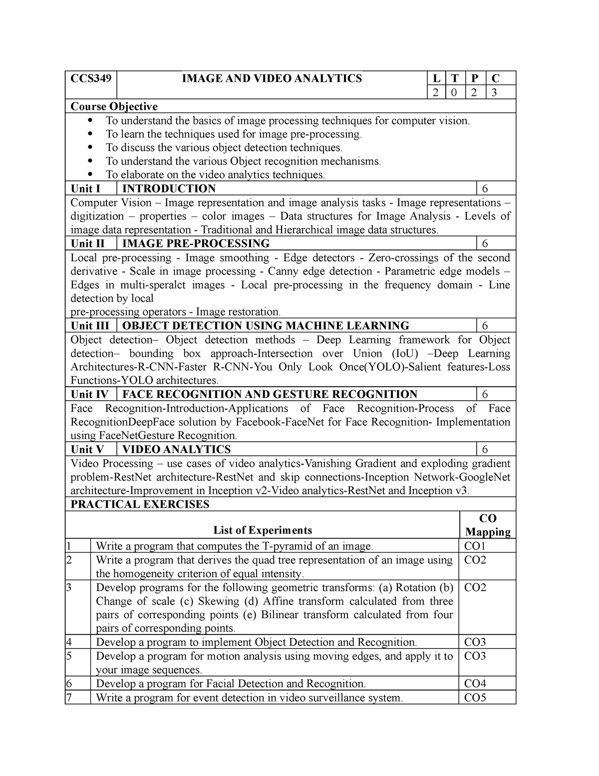 Syllabus - hello - CCS349 IMAGE AND VIDEO ANALYTICS L T P C 2 0 2 3 ...