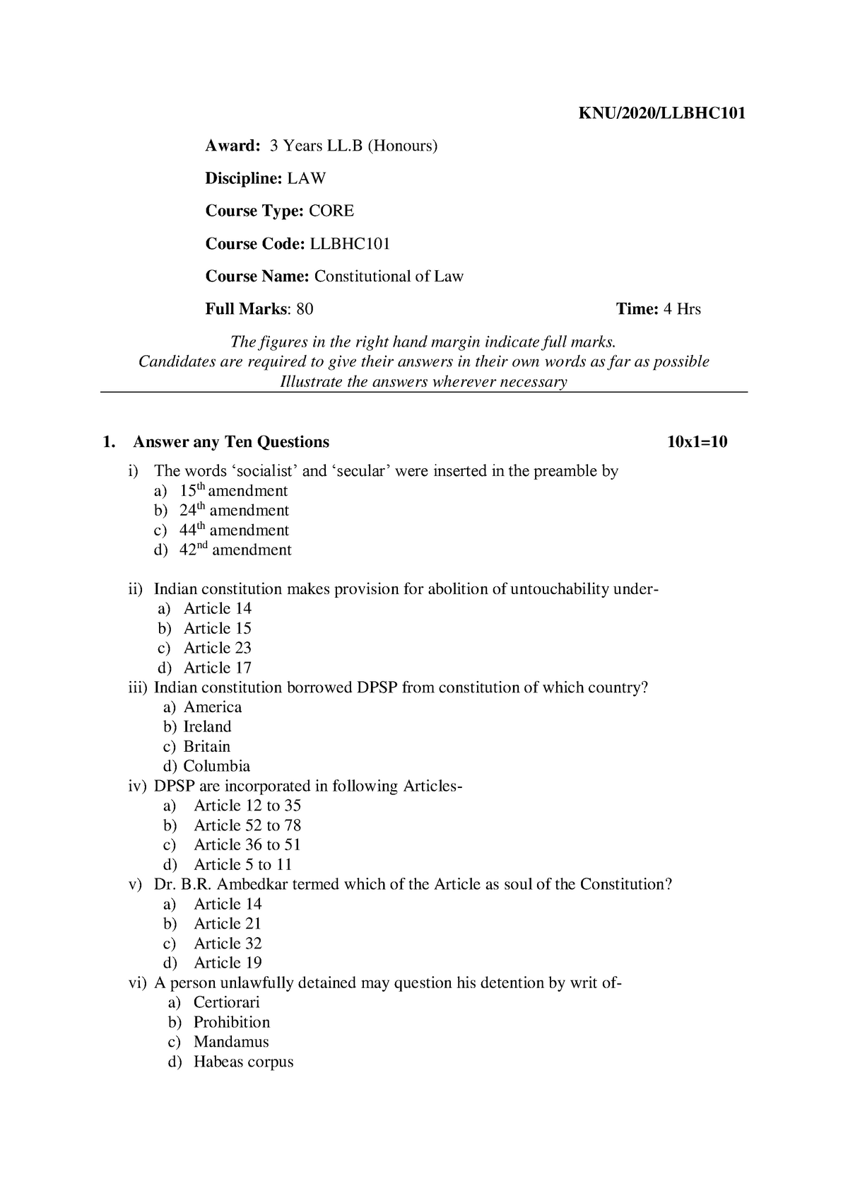 Llbhc 101 Constitutional of India-1-1 - KNU/2020/LLBHC Award: 3 Years ...