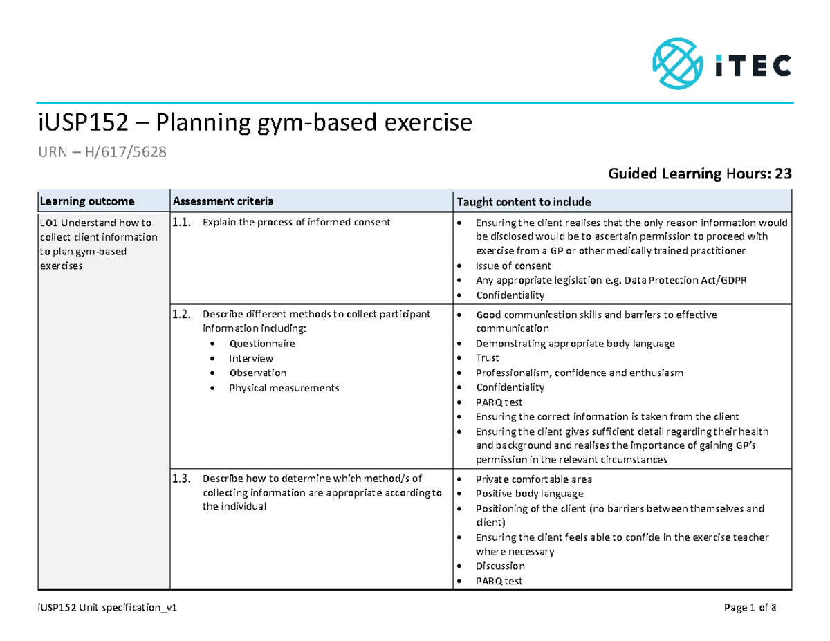 Unit Notes Iusp Planning Gym Based Exercise Urn H Guided Learning Hours