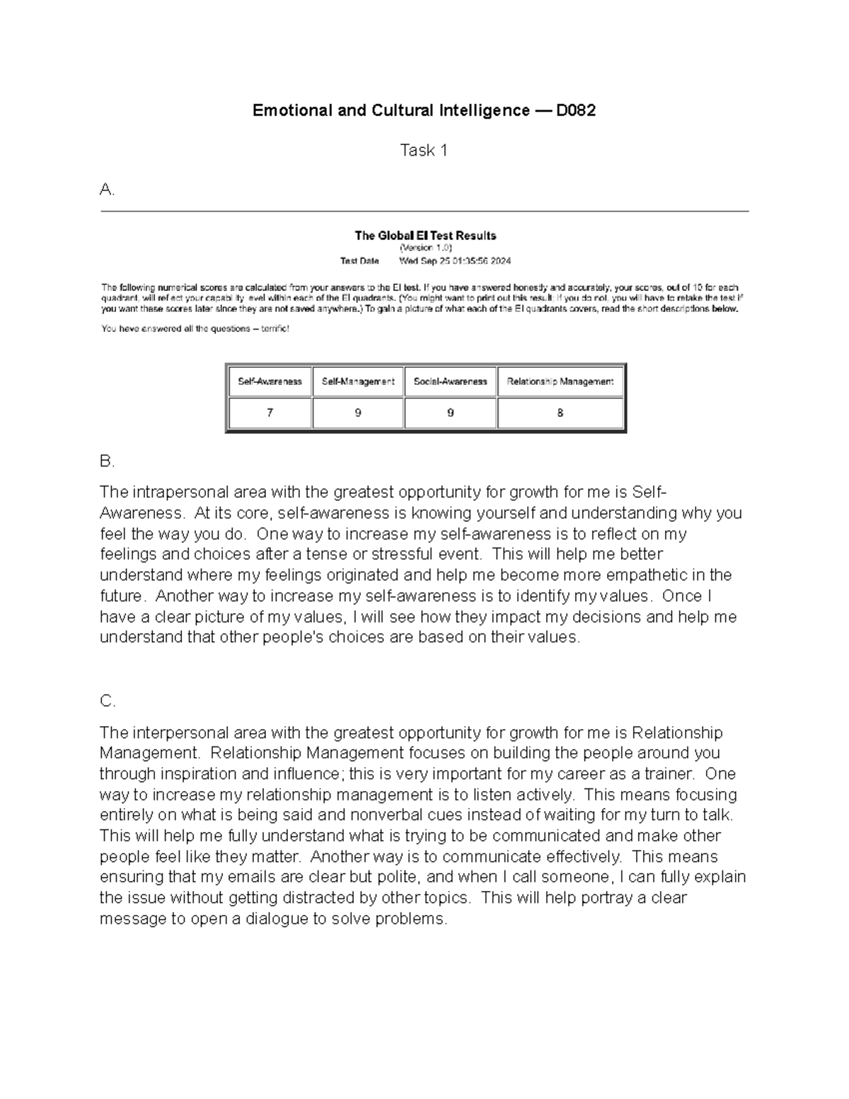 D082 Task 1 - Passed 1st try - Emotional and Cultural Intelligence — D ...