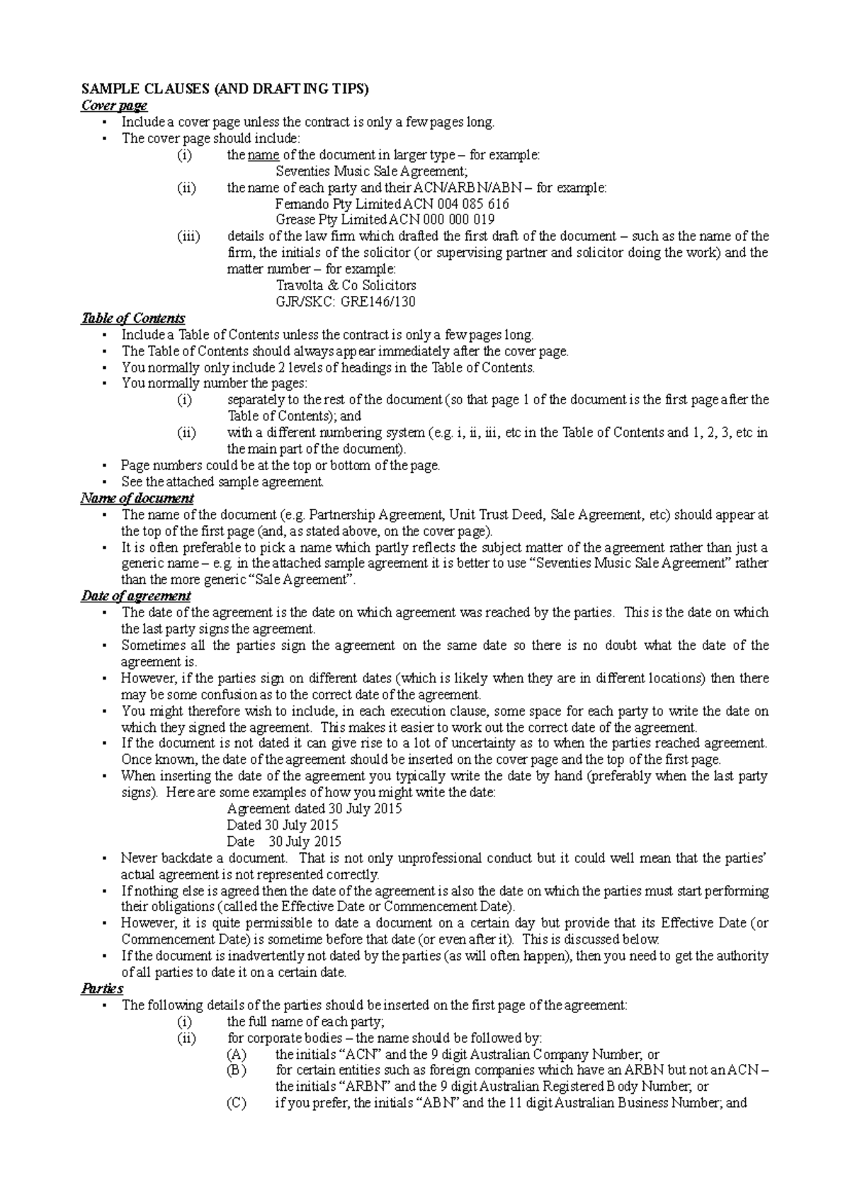 Commercial Drafting SAMPLE CLAUSES (AND DRAFTING TIPS) Cover page