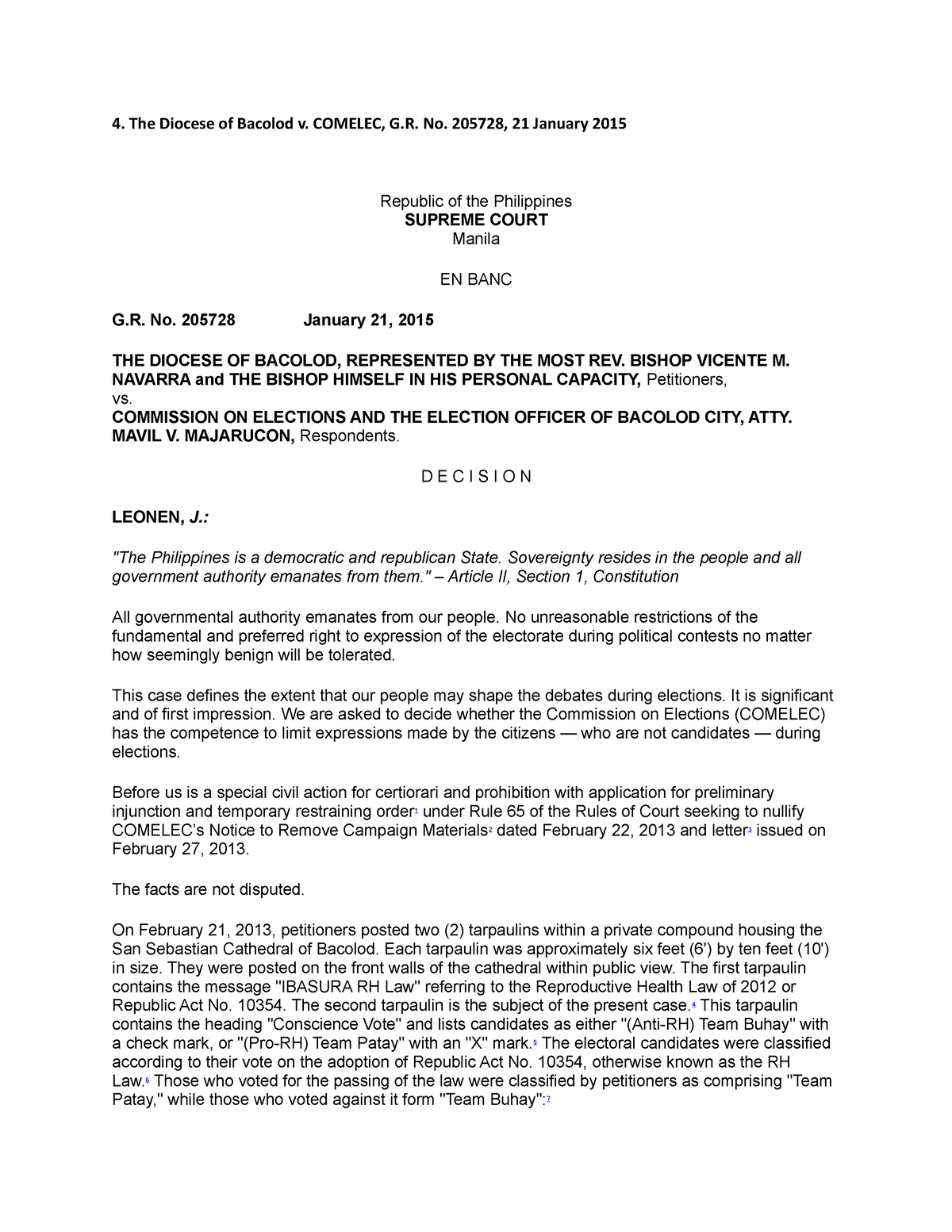 4. The Diocese Of Bacolod V. Comelec, G.r. No. 205728, 21 January 2015 