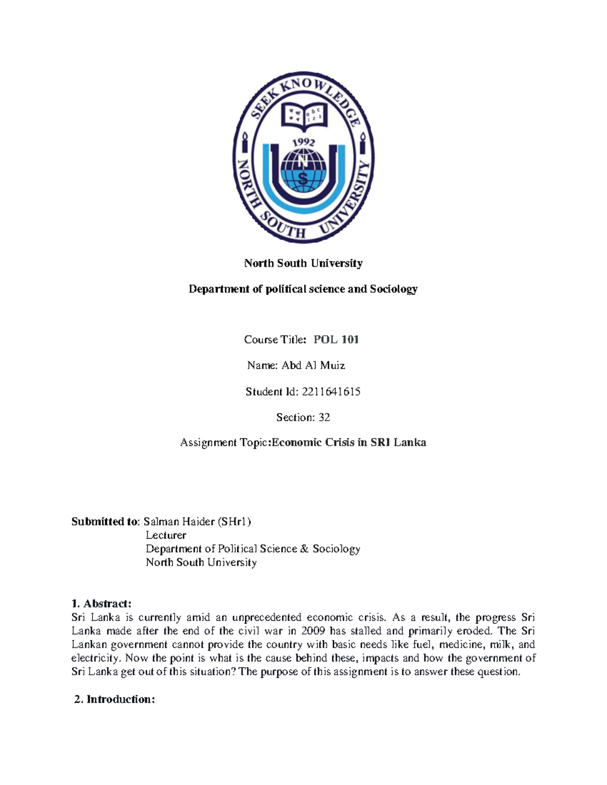 Pol101 Assignment (1) - North South University Department Of Political ...