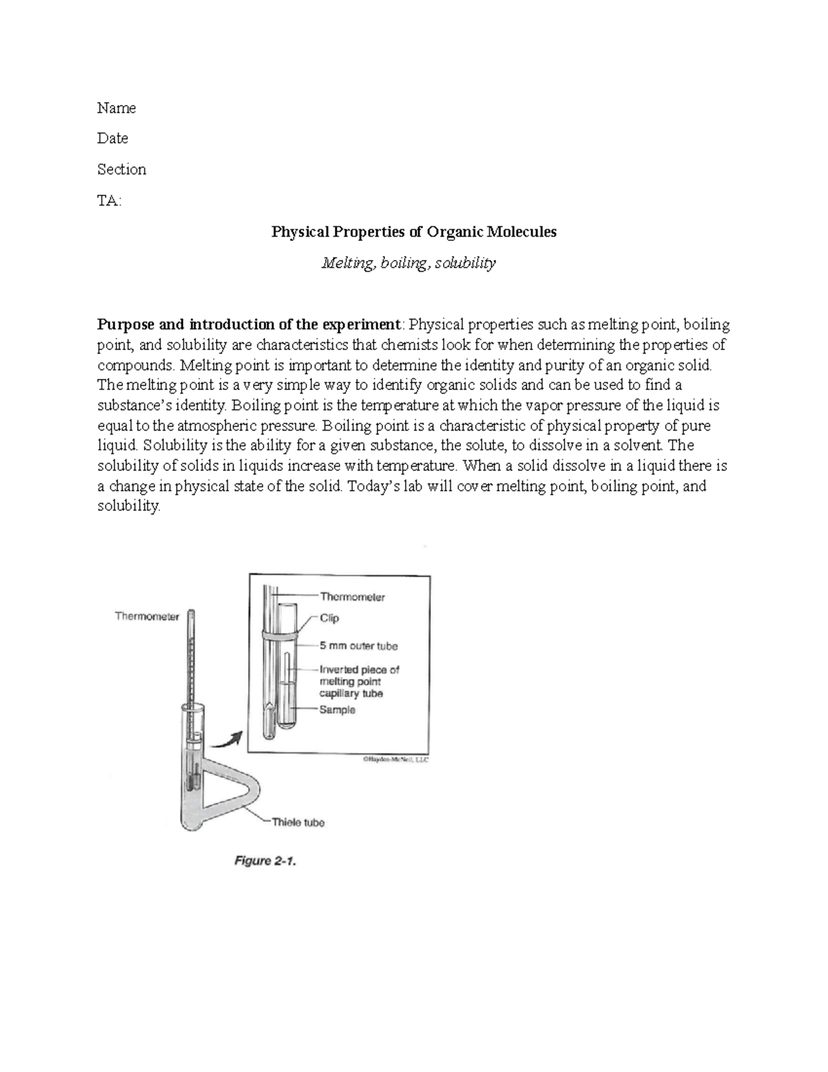 Melting point lab report 1 Name Date Section TA Physical Properties