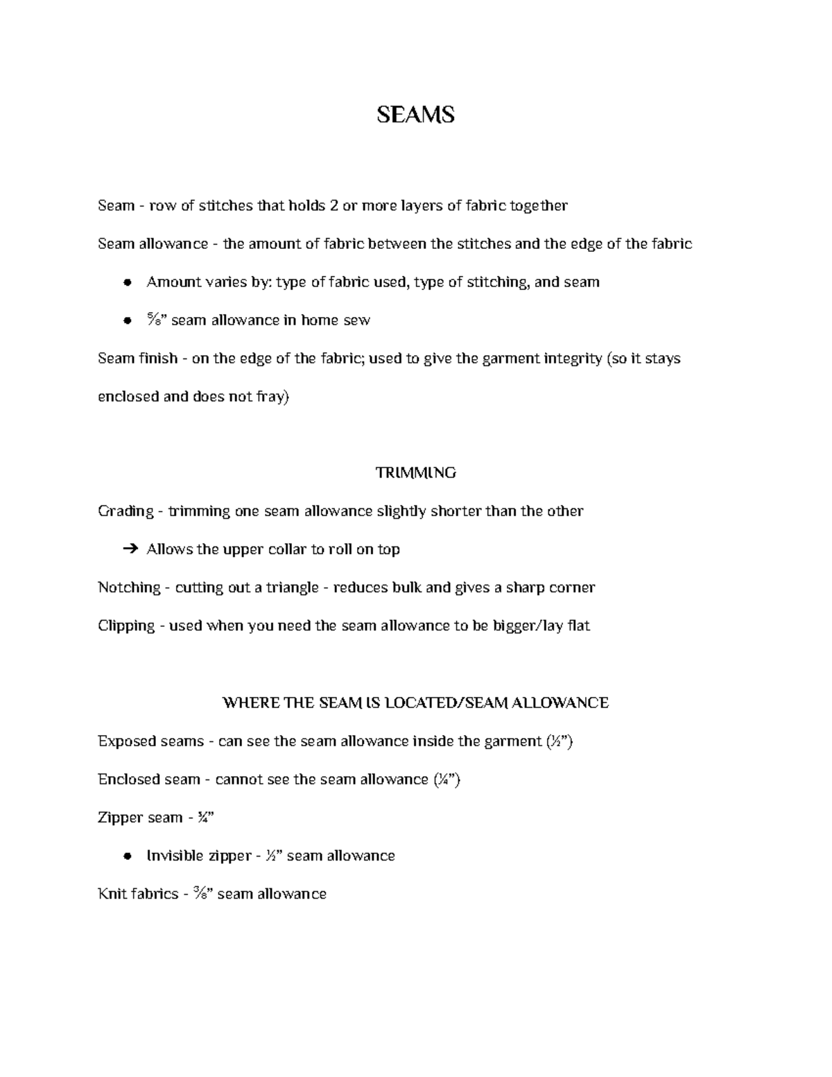 Seams notes - Bailey - SEAMS Seam - row of stitches that holds 2 or ...
