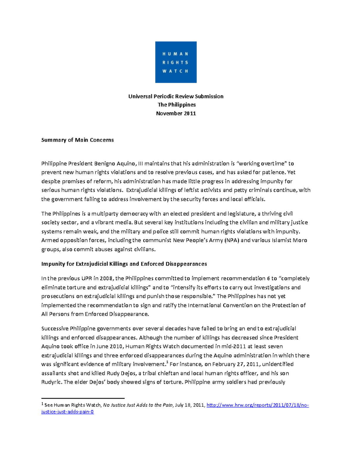 HRW UPR PHL-S13 2012 Human Rights Watch E - Universal Periodic Review ...