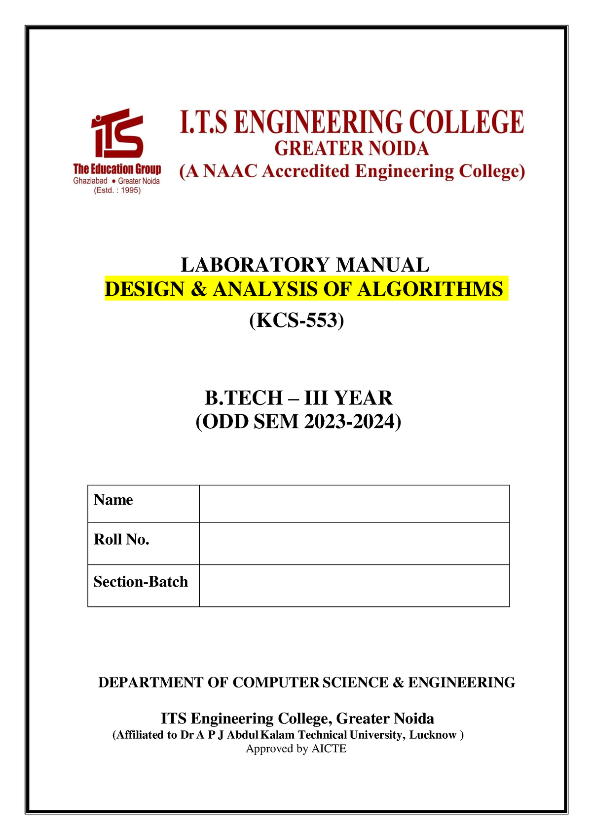 KCS-553 DAA Lab Manual Removed - LABORATORY MANUAL DESIGN & ANALYSIS OF ...