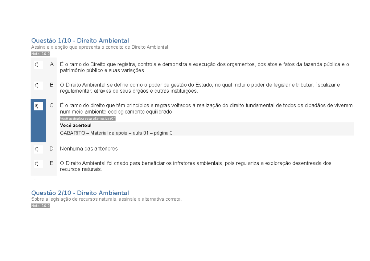 Prova - Direito Ambiental - Questão 1/10 - Direito Ambiental Assinale A ...