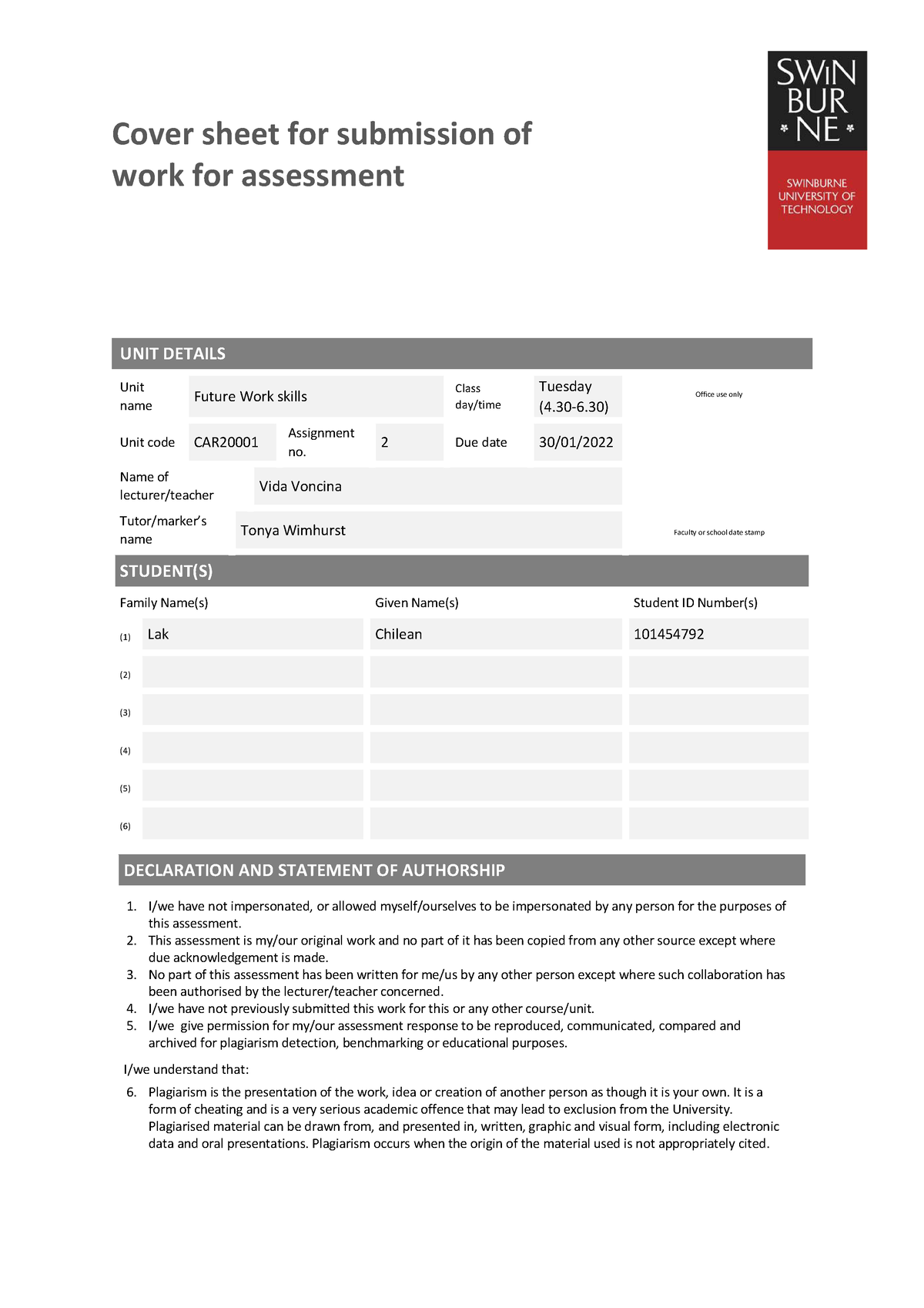 Final - Cover sheet for submission of work for assessment UNIT DETAILS ...