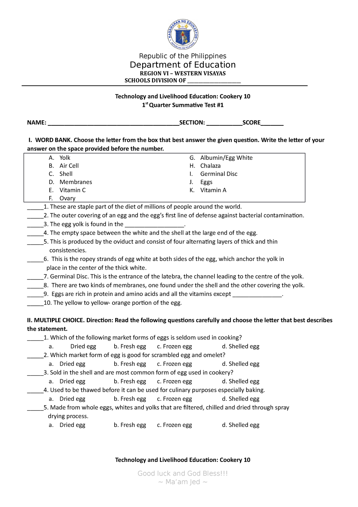 1Q Cookery 10 Summative TEST - Republic Of The Philippines Department ...