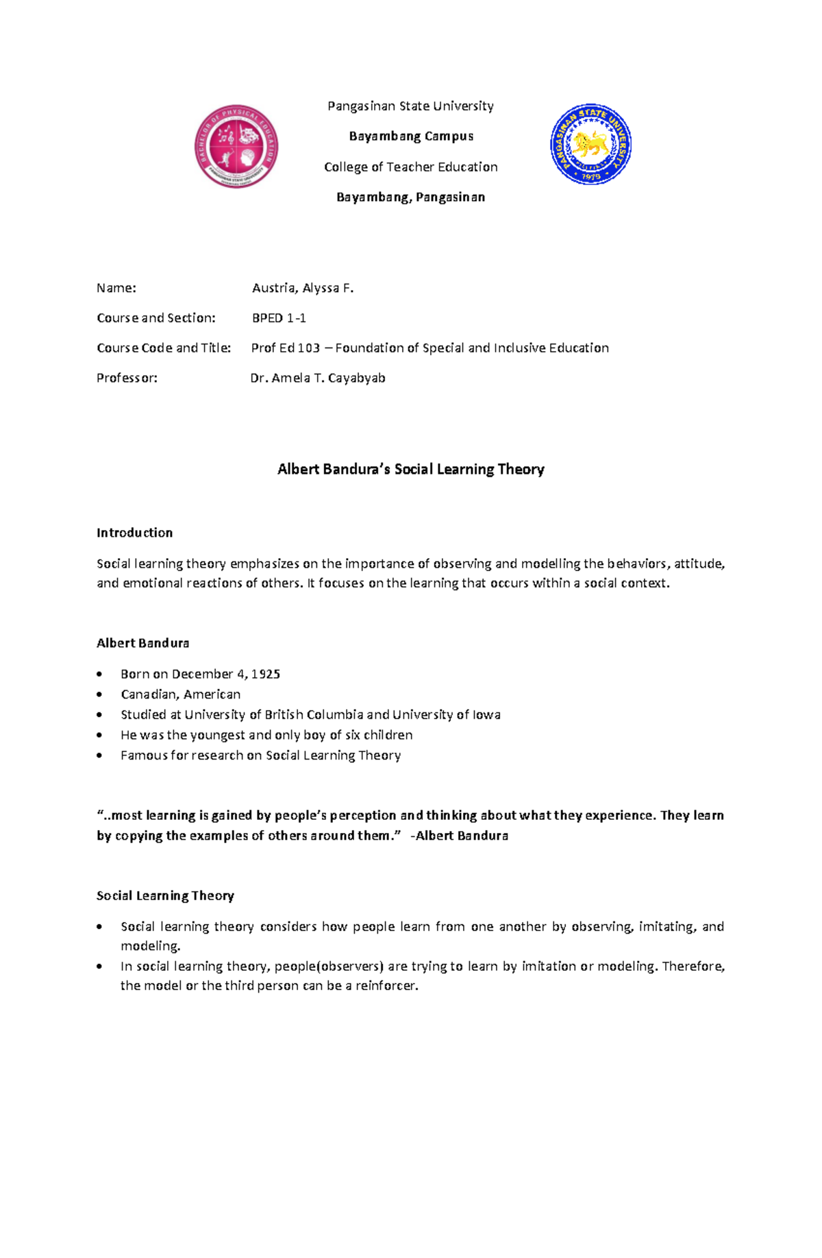 Albert Banduras Social Learning Theory Pangasinan State University Albert Banduras Social Learning Theory Pangasinan State University