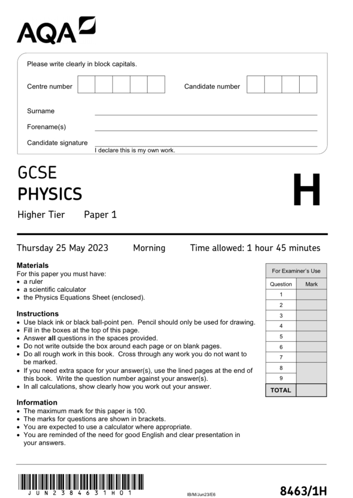 Physics paper 1 - AQA Please write clearly in block capitals. Centre ...