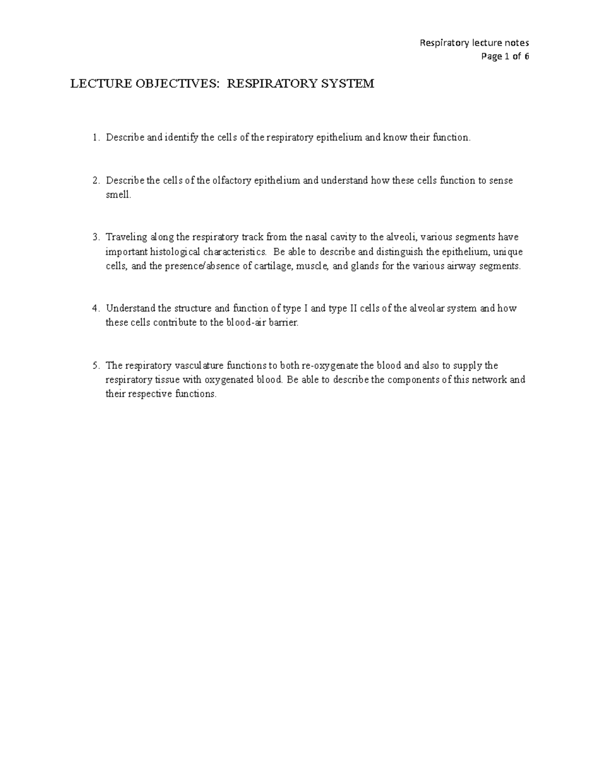 Respiration Lecture Notes - Page 1 of 6 LECTURE OBJECTIVES: RESPIRATORY ...
