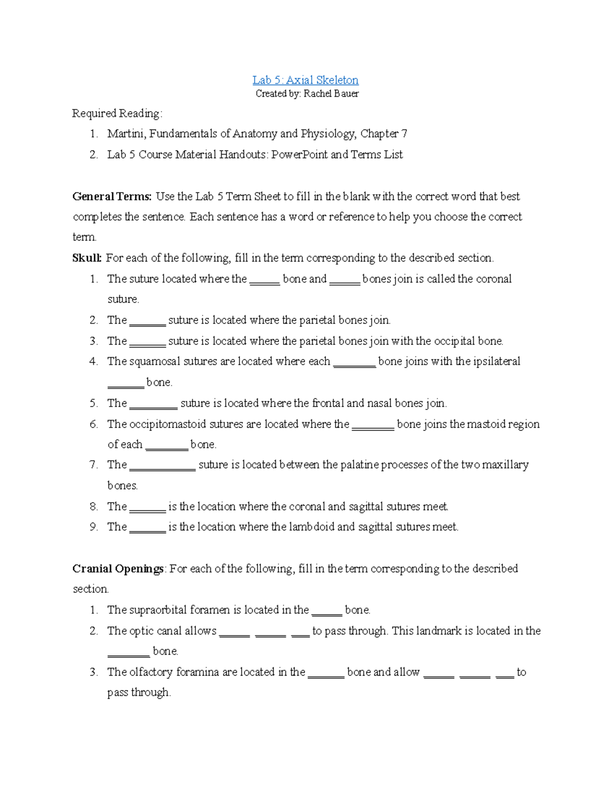 Lab 5 Workbook Axial Skeletal Lab 5 Axial Skeleton Created by