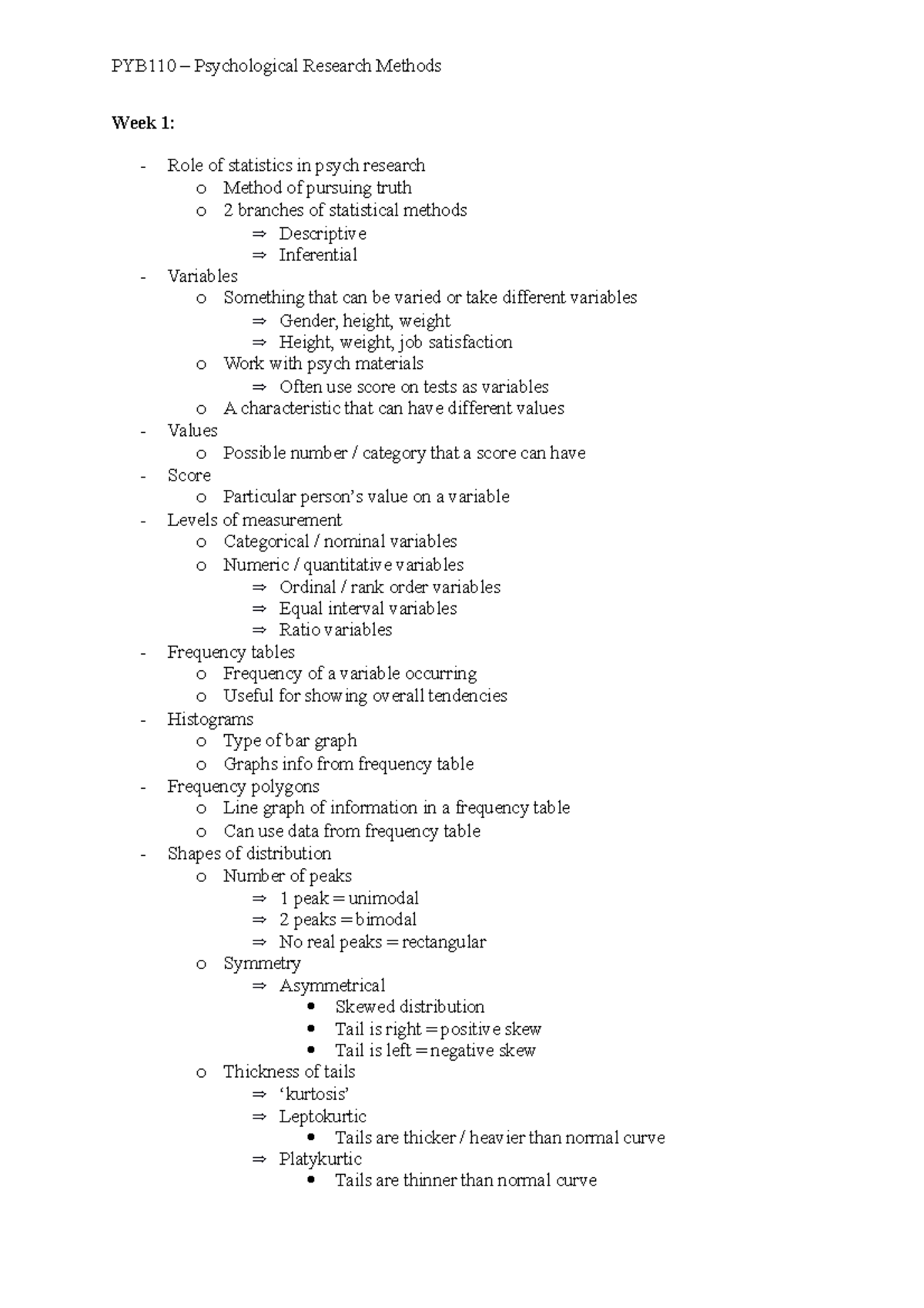 Lecture Notes - Week 1: Role Of Statistics In Psych Research O Method ...