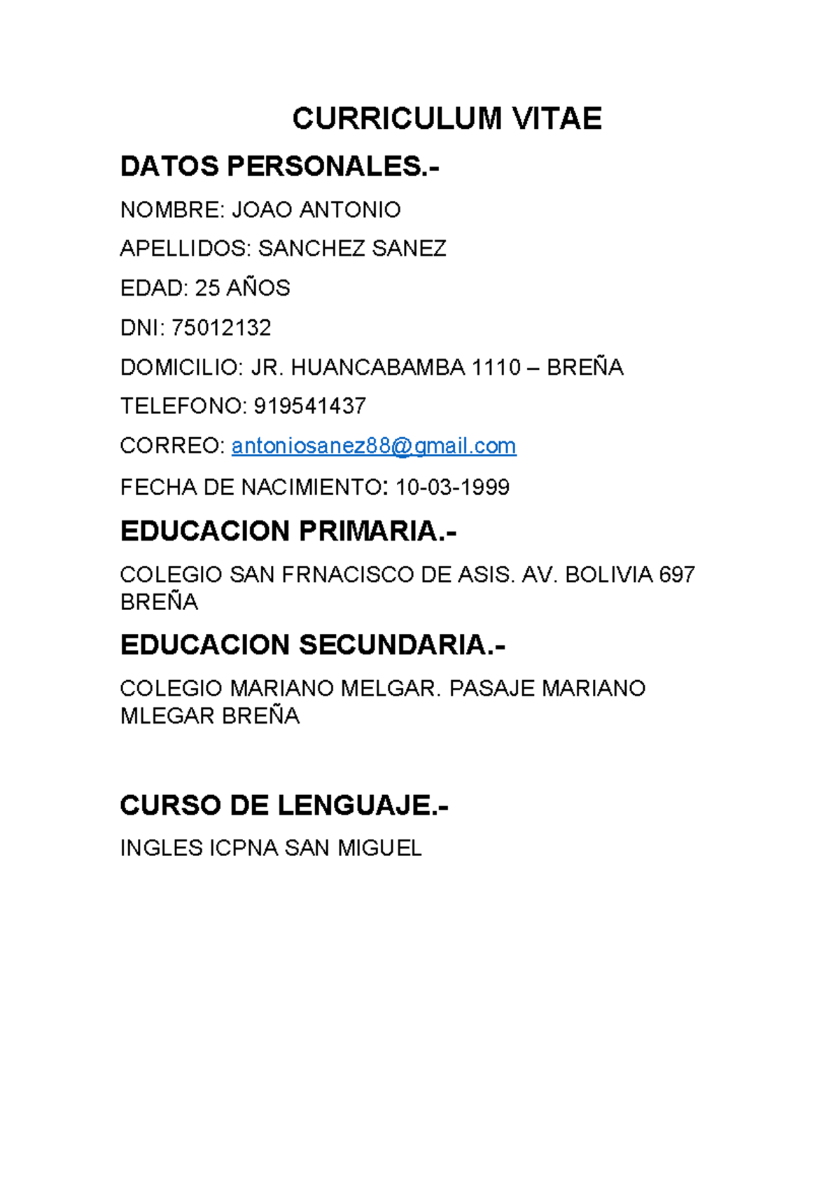 Curriculum Vitae 2022 - CURRICULUM VITAE DATOS PERSONALES.- NOMBRE ...