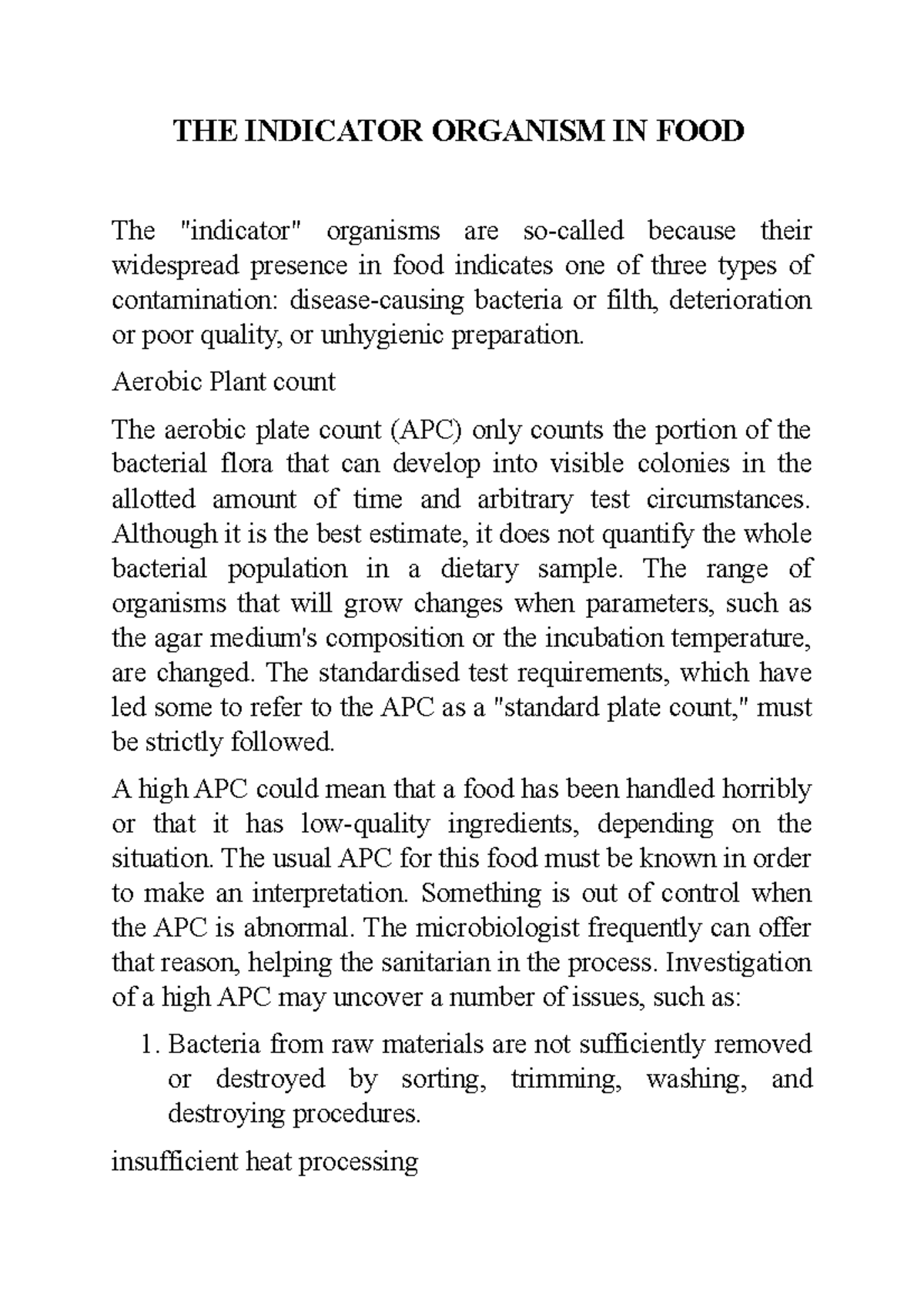 THE Indicator Organism IN FOOD THE INDICATOR ORGANISM IN FOOD The