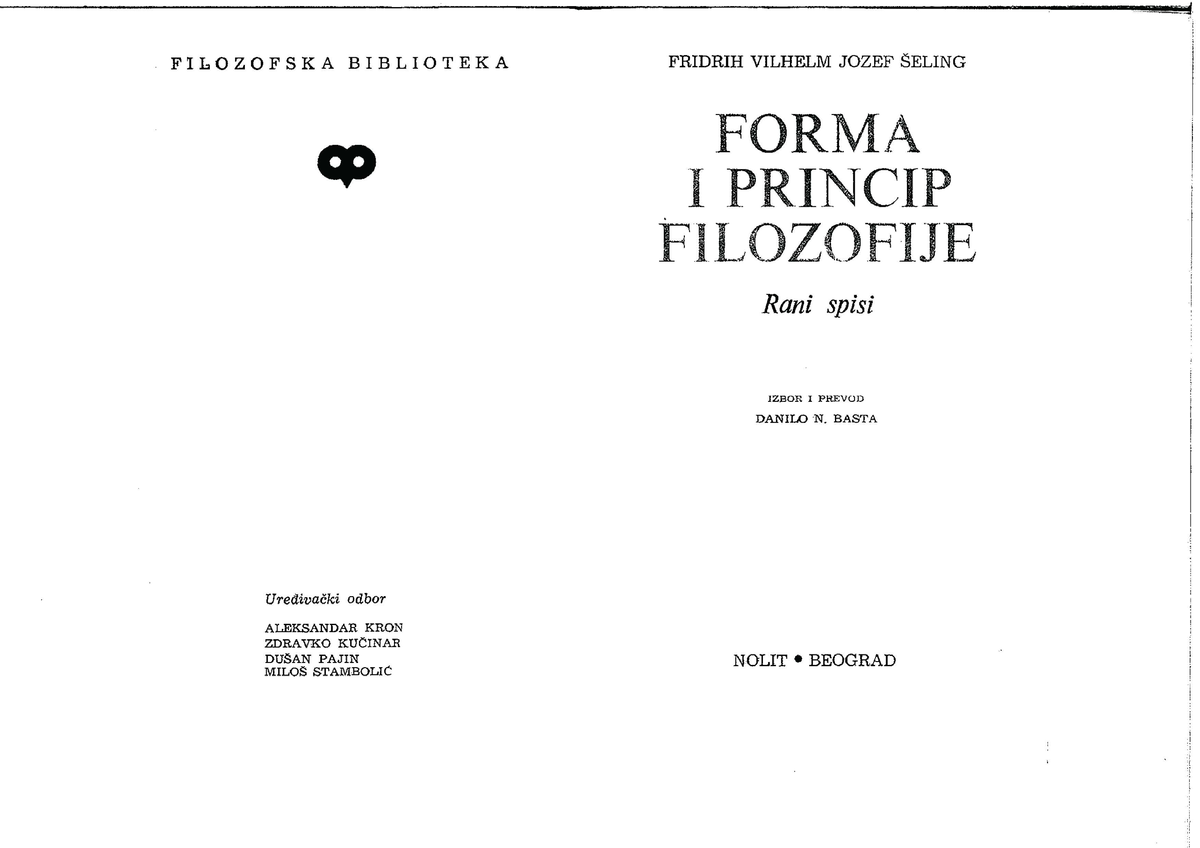 Schelling, F.W.J. - Forma I Princip Filozofije. Rani Spisi, Prev. D ...