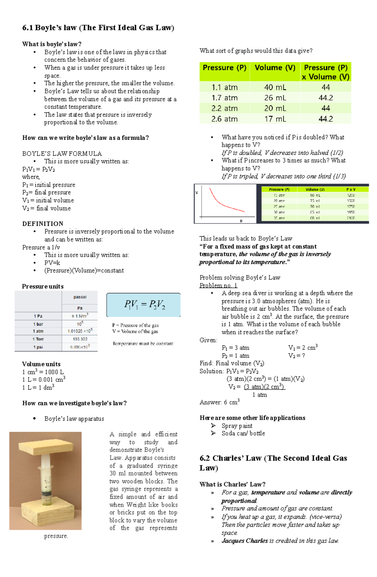 General Chemistry Handout 6 Boyle’s law (The First Ideal Gas Law