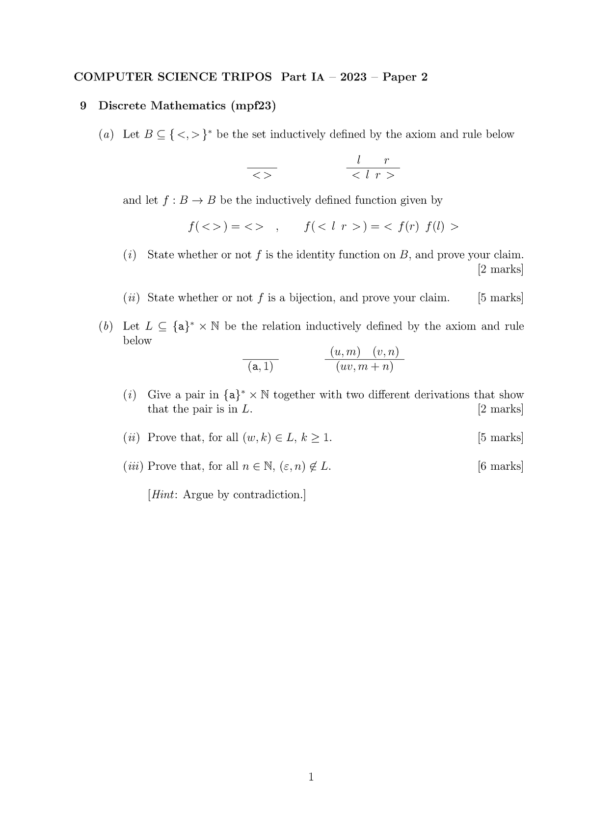 Y2023p2q9 - 9 COMPUTER SCIENCE TRIPOS Part IA – 2023 – Paper 2 Discrete ...