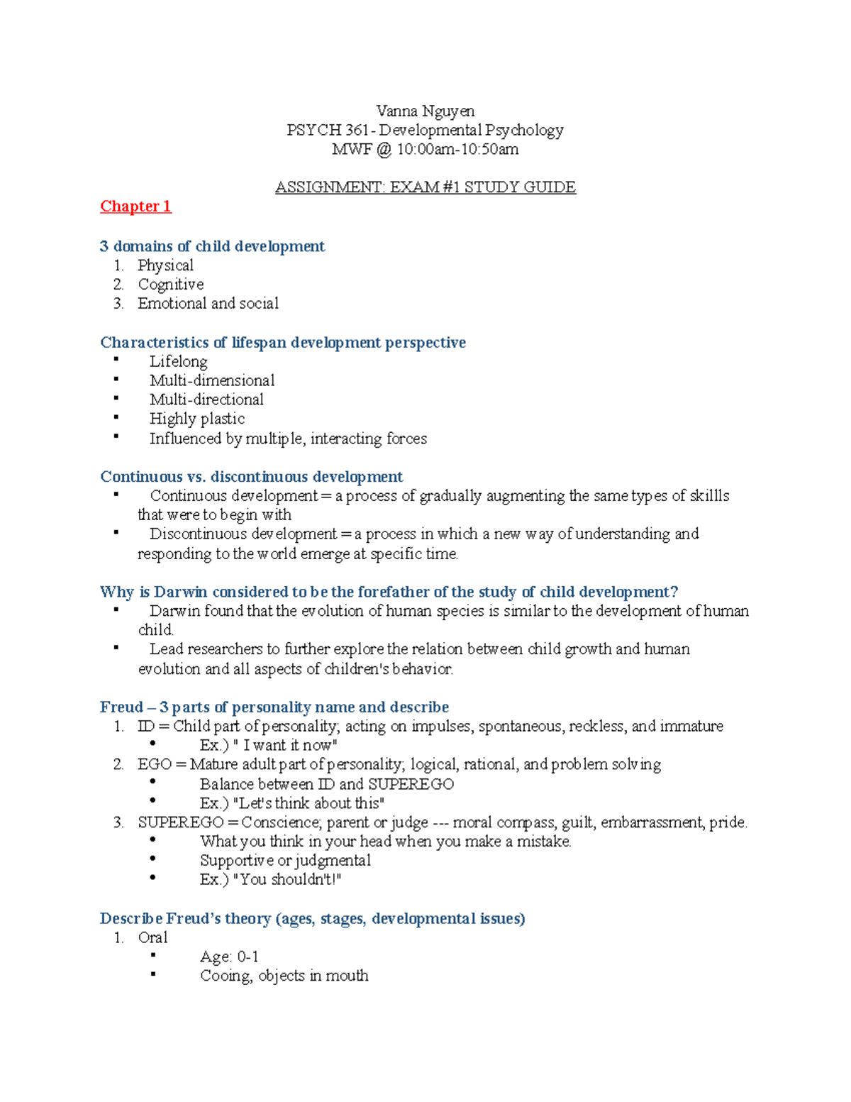 Developmental Psychology - Exam 1 Study Guide - Vanna Nguyen PSYCH ...