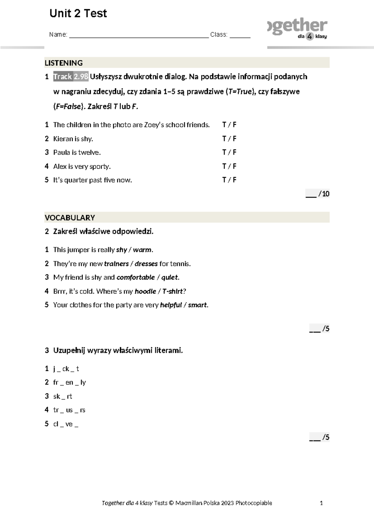 Together Kl4 U2 Test For Dyslexic Students - LISTENING 1 Track 2 ...