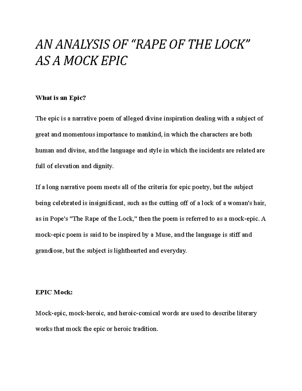 an-analysis-of-rape-of-the-lock-as-a-mock-epic-if-a-long-narrative