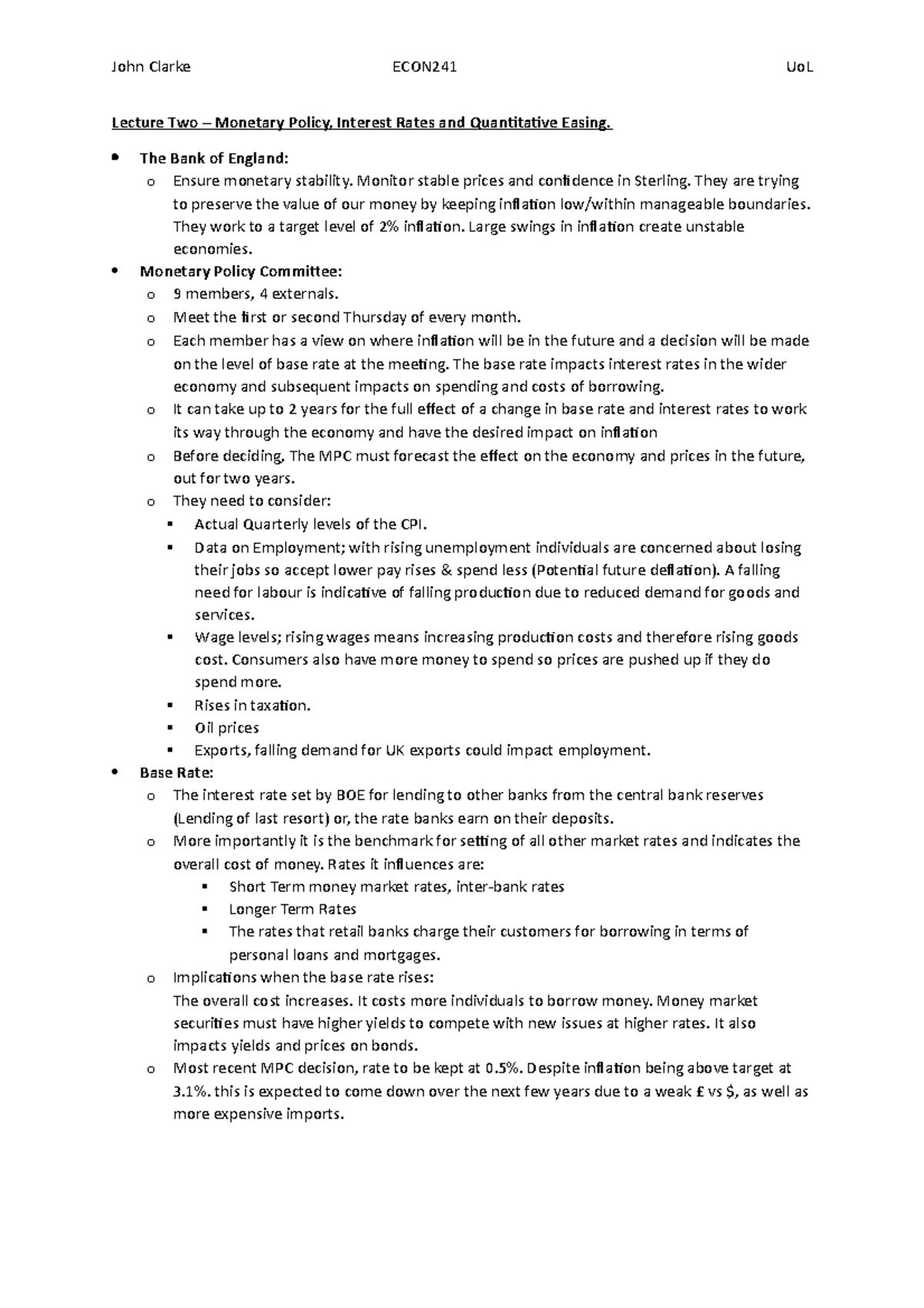 ECON241 Lecture two Notes - Lecture Two – Monetary Policy, Interest ...