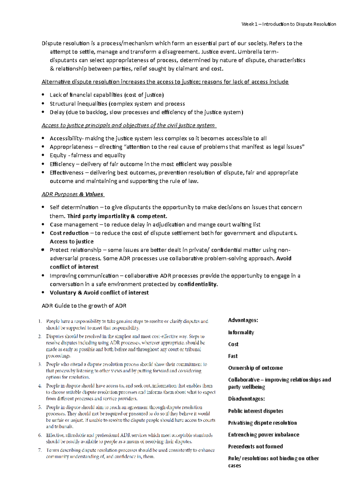 Alternative Dispute Resolution Summary - Week 1 – Introduction to ...