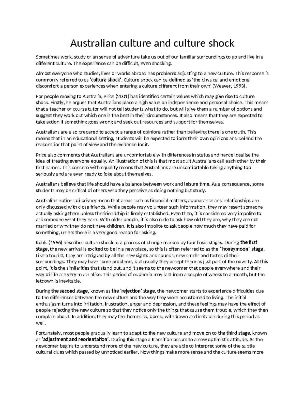 Culture & History Student's Australian culture and culture shock