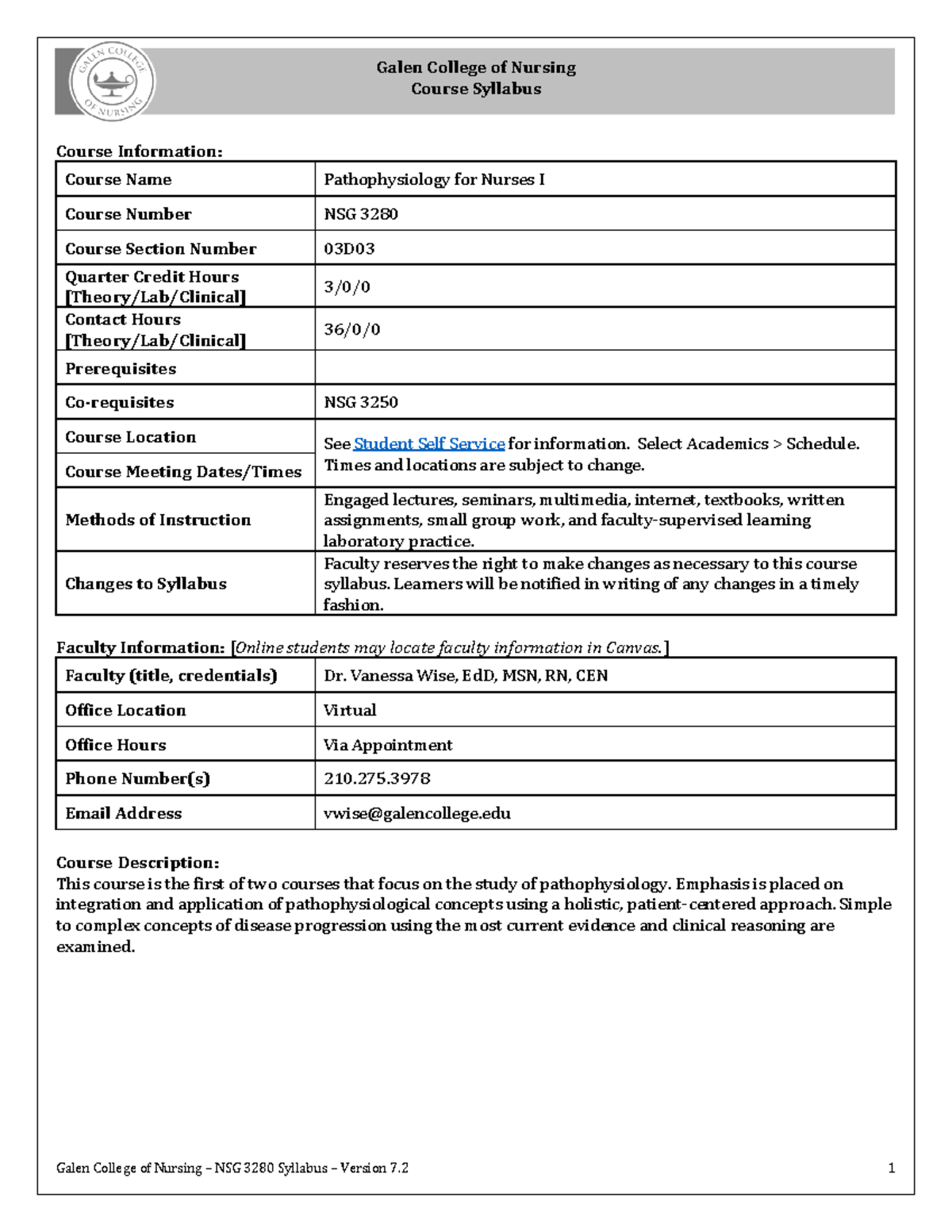 NSG 3280 Syllabus Version 7-2 Wise - Galen College Of Nursing Course ...