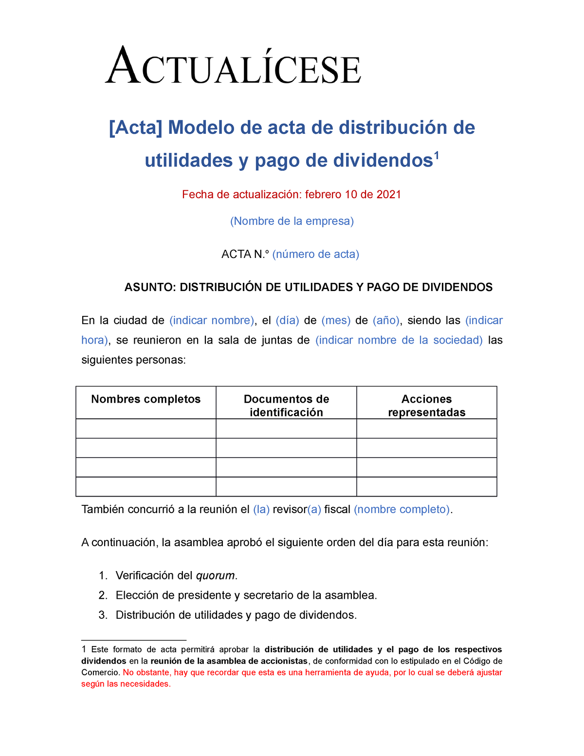 9 Modelo De Acta De Distribución De Utilidades Y Pago De Dividendos