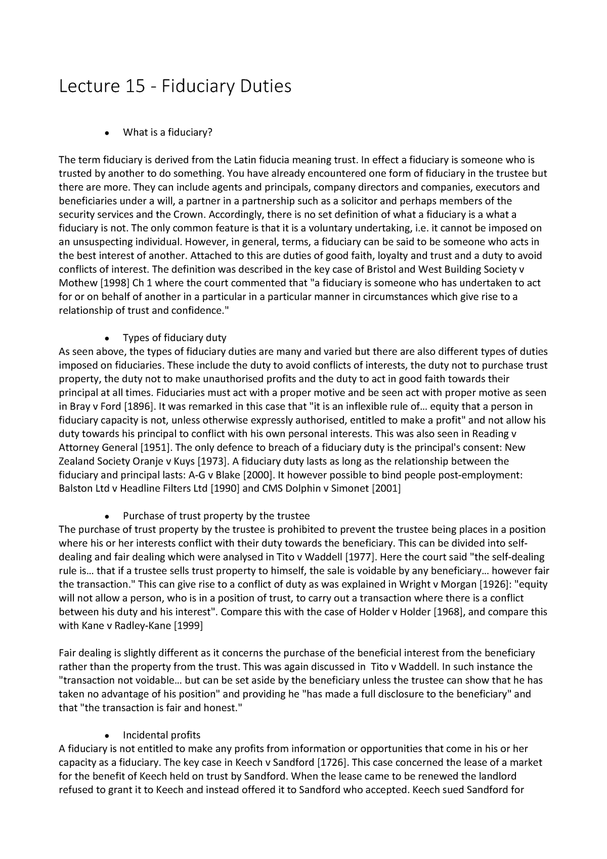 Lecture 15 - fiduciary duties - Lecture 15 - Fiduciary Duties What is a