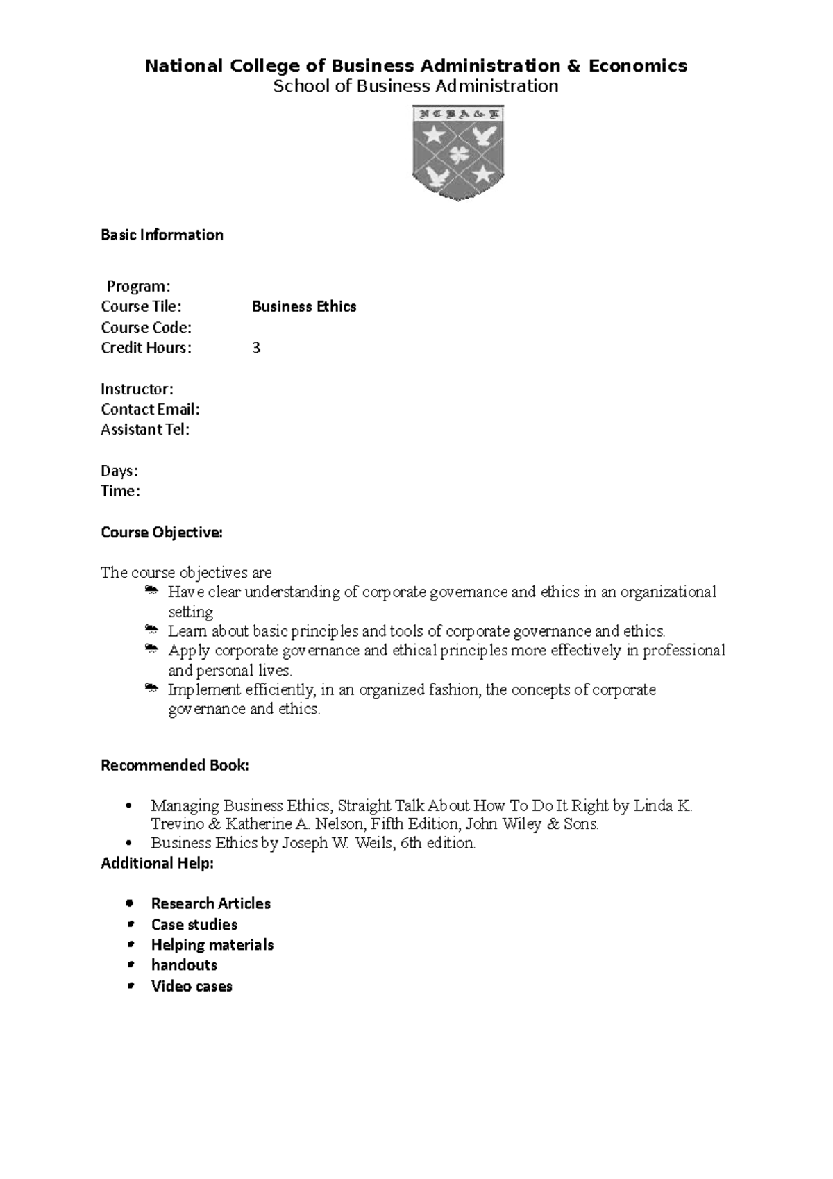 Business Ethics - National College of Business Administration ...