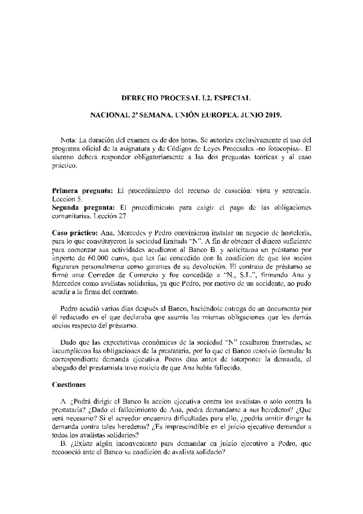 Examen Derecho Procesal 1.2 Junio 2019 Modelo B - Principios De Derecho ...