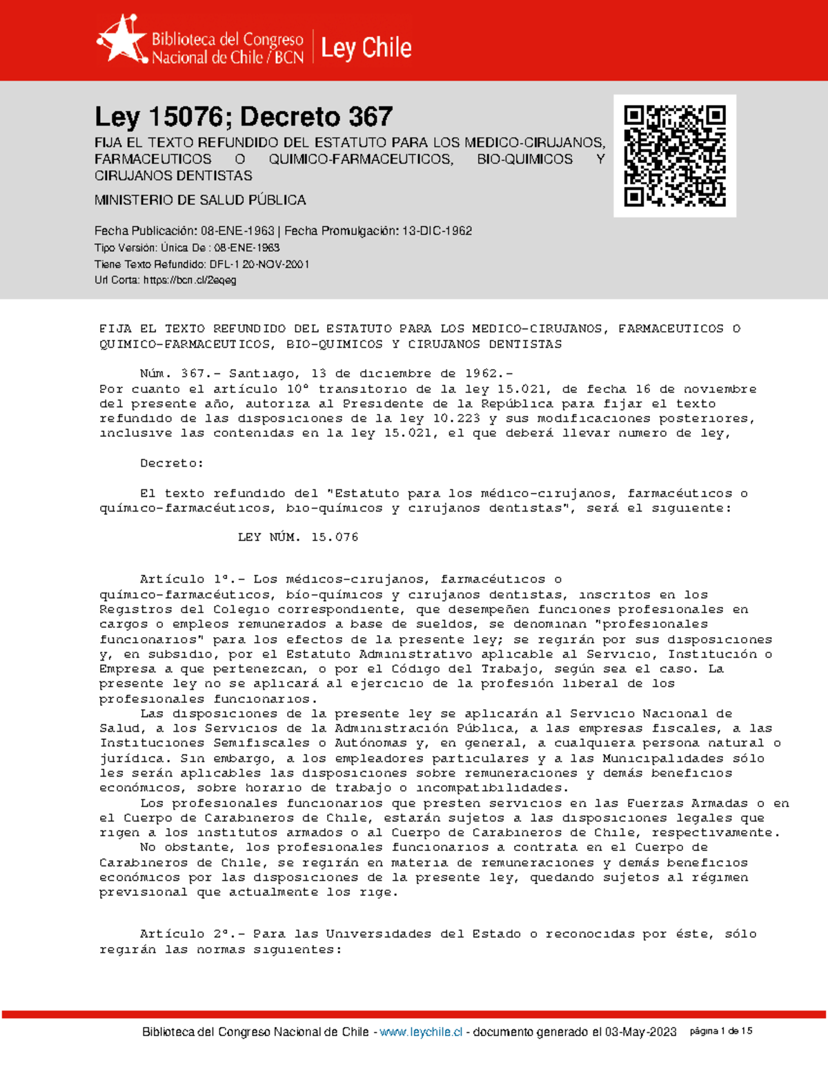 Ley 15076 - FIJA EL TEXTO REFUNDIDO DEL ESTATUTO PARA LOS MEDICO ...