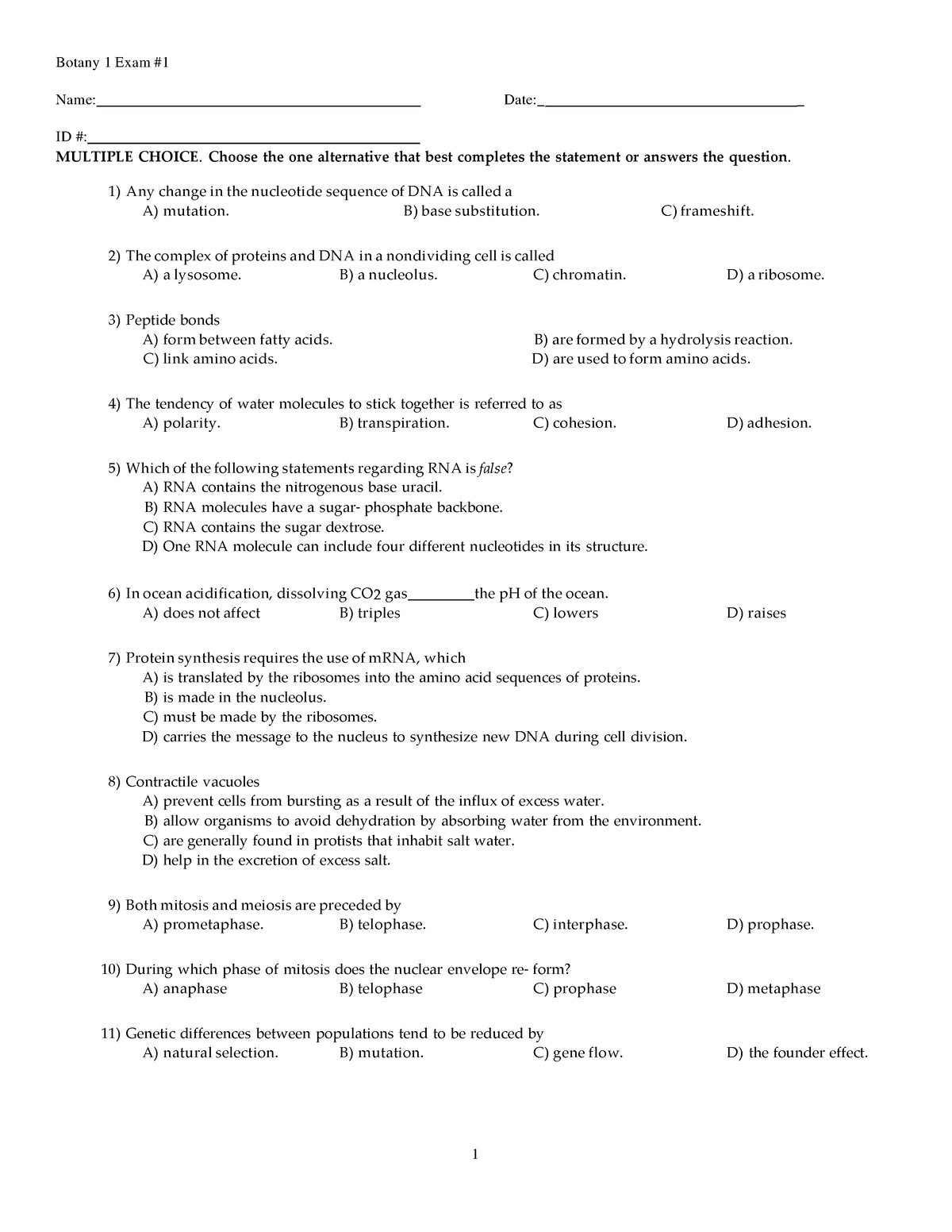 Bot exam#1 review at SMC - Botany 1 Exam # Name: Date:_ _ ID ...