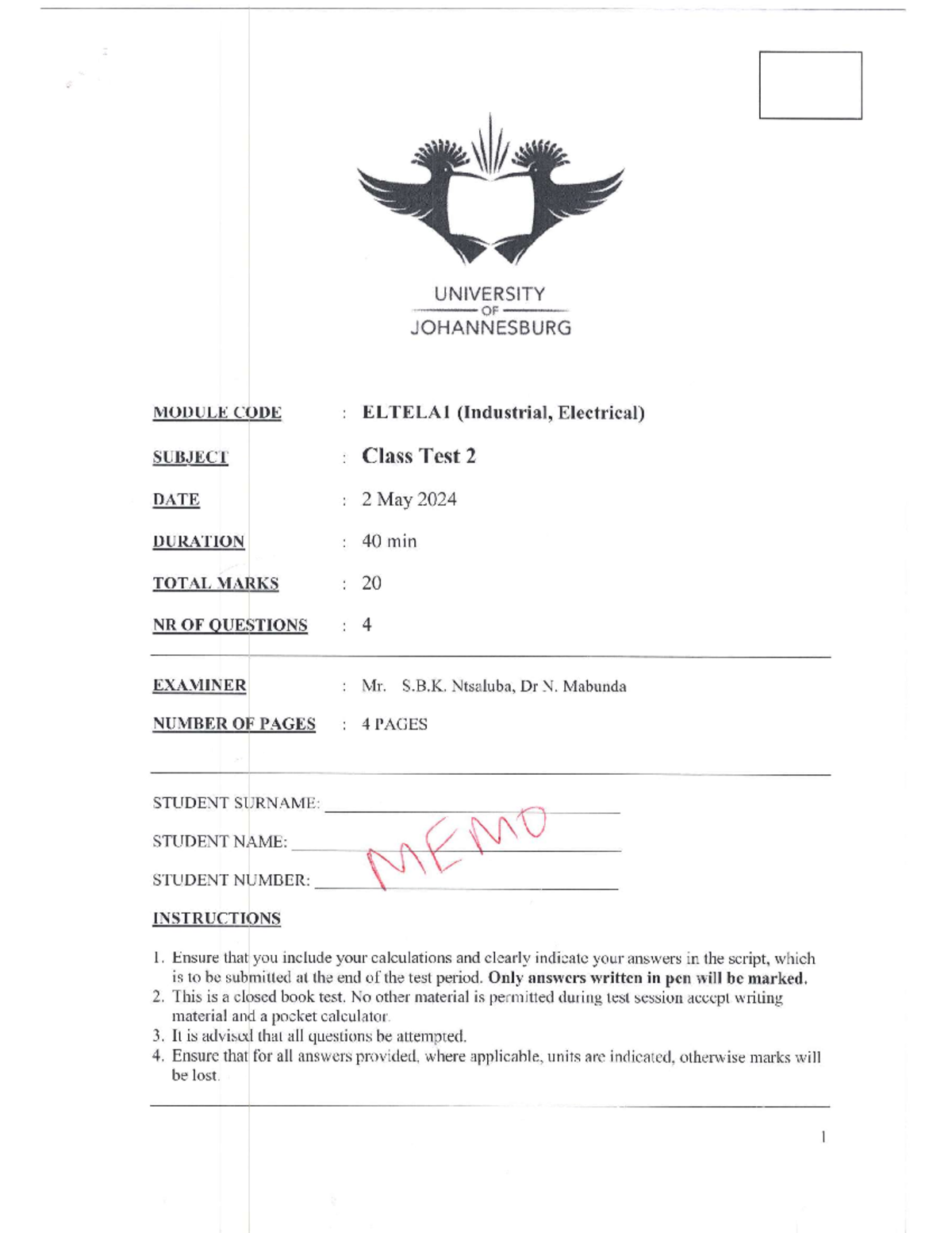 Industrial CT2 Memo - Class test - UNIVERSITY OF JOHANNESBURG MODULE ...