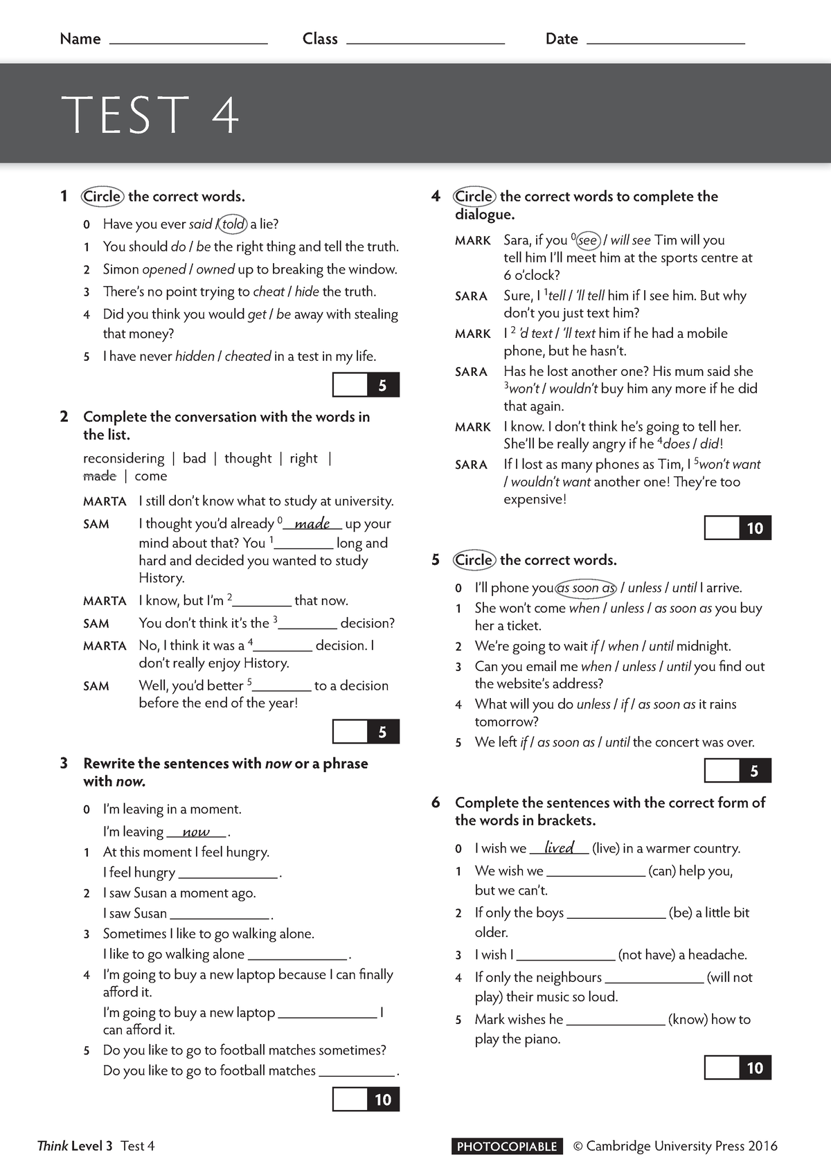 Think Level 3. Unit 4. Test 4. Cambridge - TEST 4 1 Circle The Correct ...