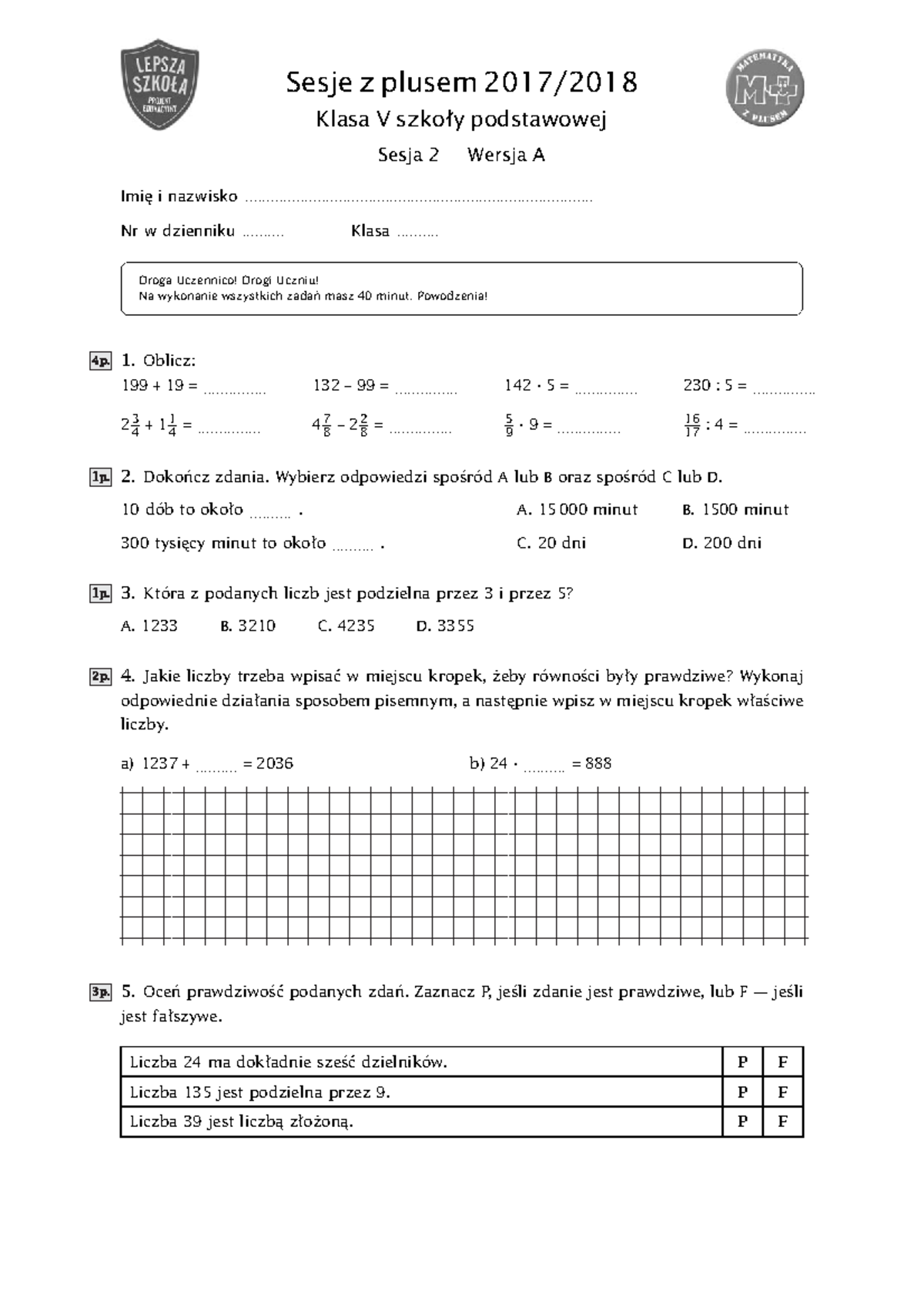 Klasówka - wersja A klasa 5 - Sesje z plusem 2017/ Klasa V szkoły