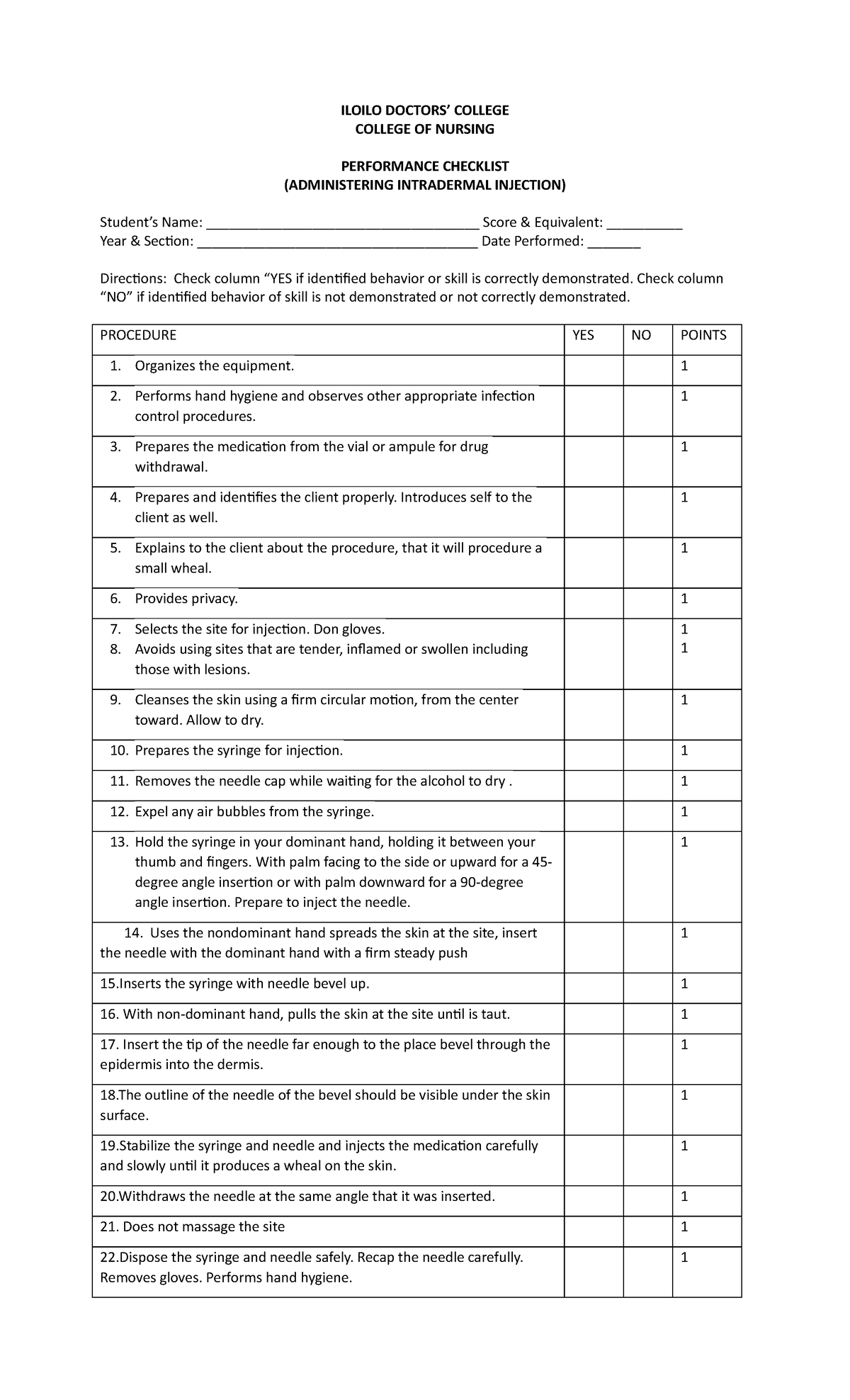 Intradermal AND Intramascular Checklist - ILOILO DOCTORS’ COLLEGE ...