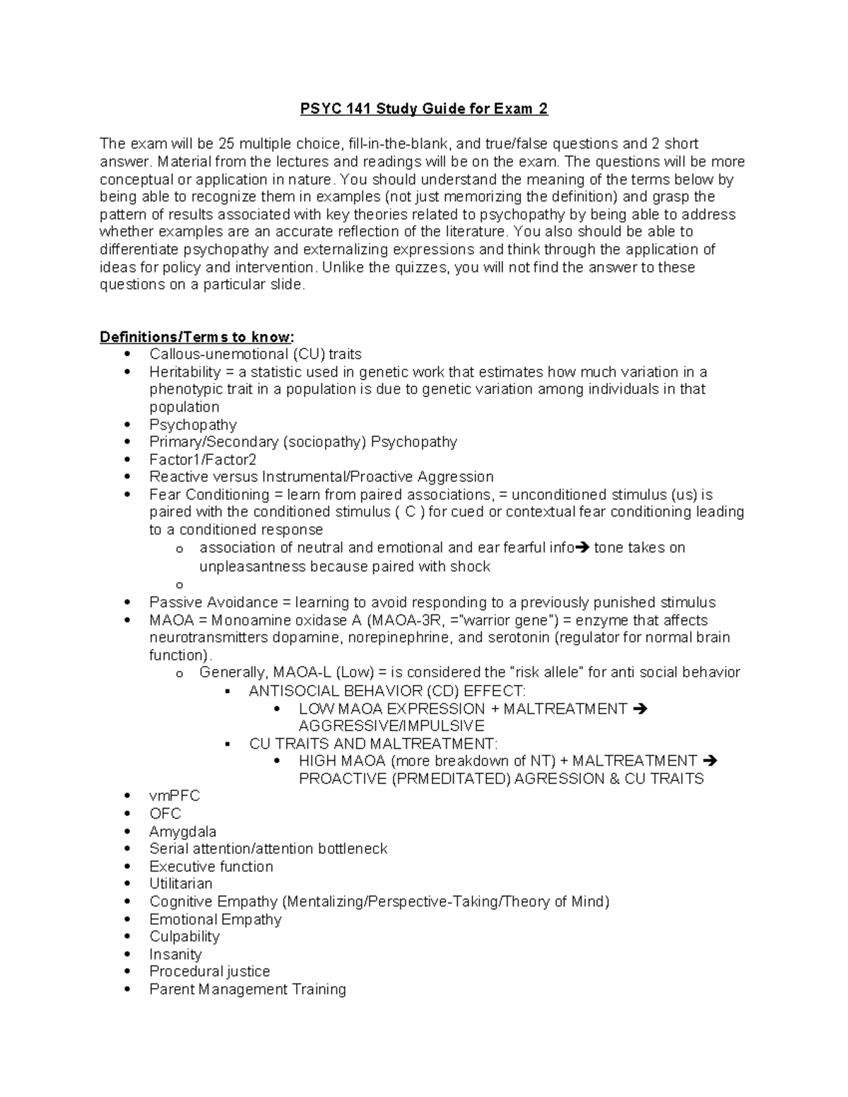 PSYC 141 Study Guide for Exam 2 - PSYC 141 Study Guide for Exam 2 The ...