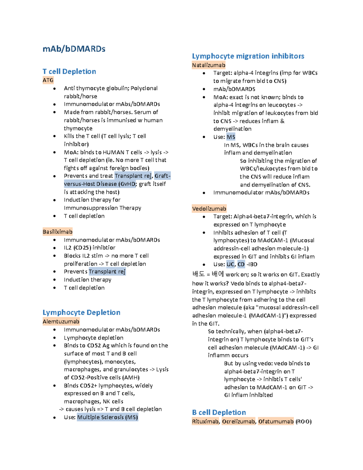 mAbs and nib drugs mAb/bDMARDs T cell Depletion ATG Anti thymocyte